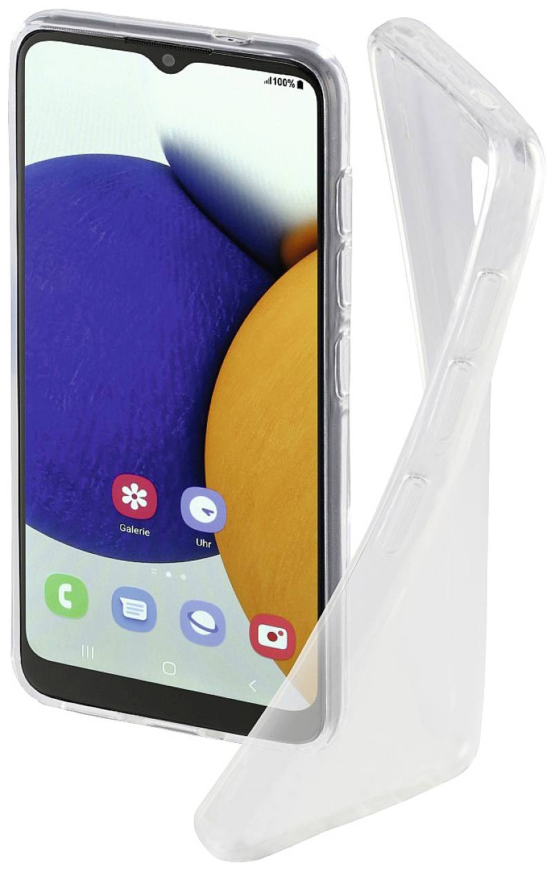 Smartphone avec un étui de protection transparent. L'écran affiche des applications comme Galerie, Appareil photo et Téléphone. L'appareil est posé en diagonale.