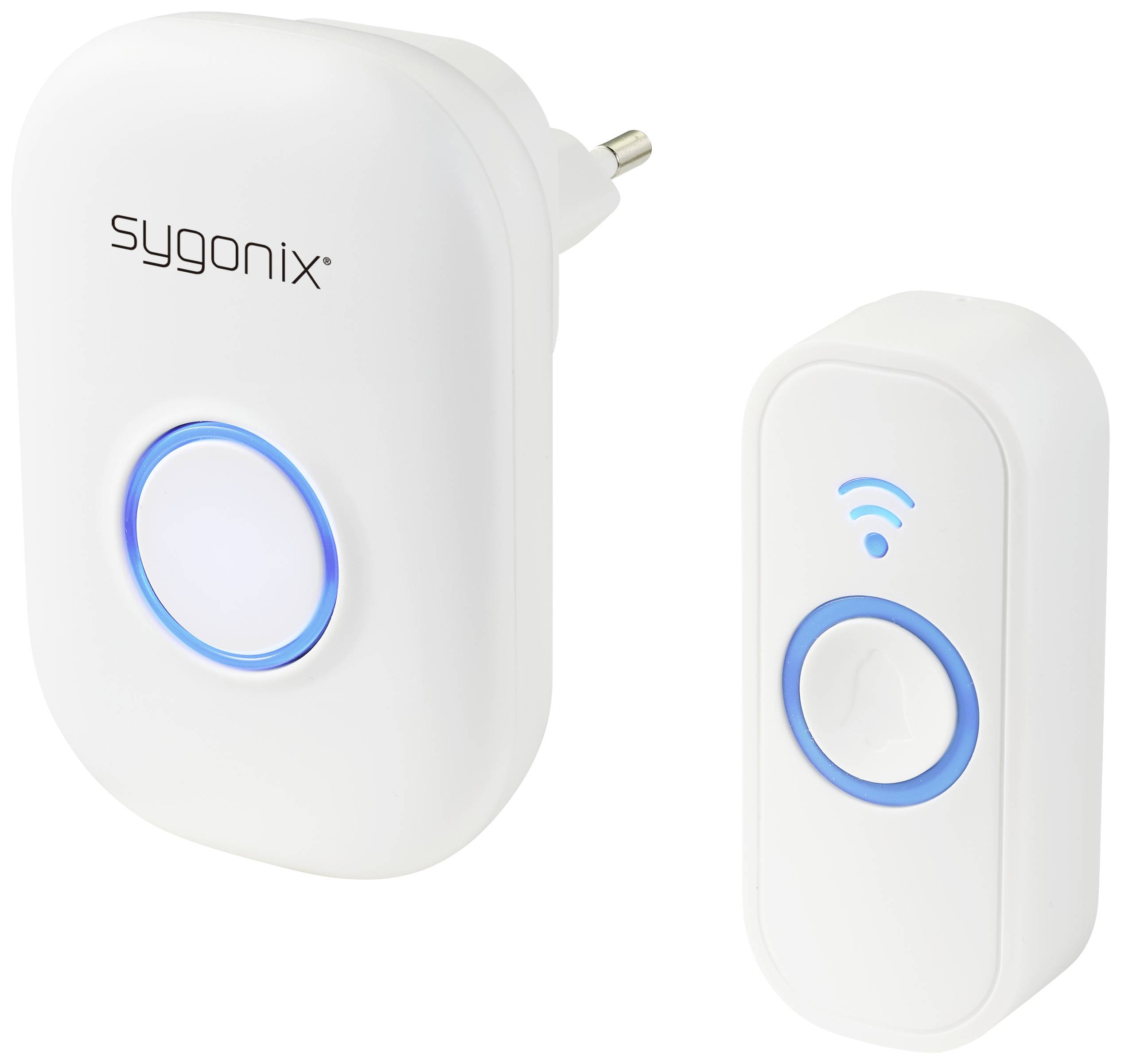 Un émetteur et récepteur de sonnette sans fil de sygonix avec des touches rétroéclairées en bleu. Récepteur pour prise électrique, émetteur fonctionnant sur batterie.