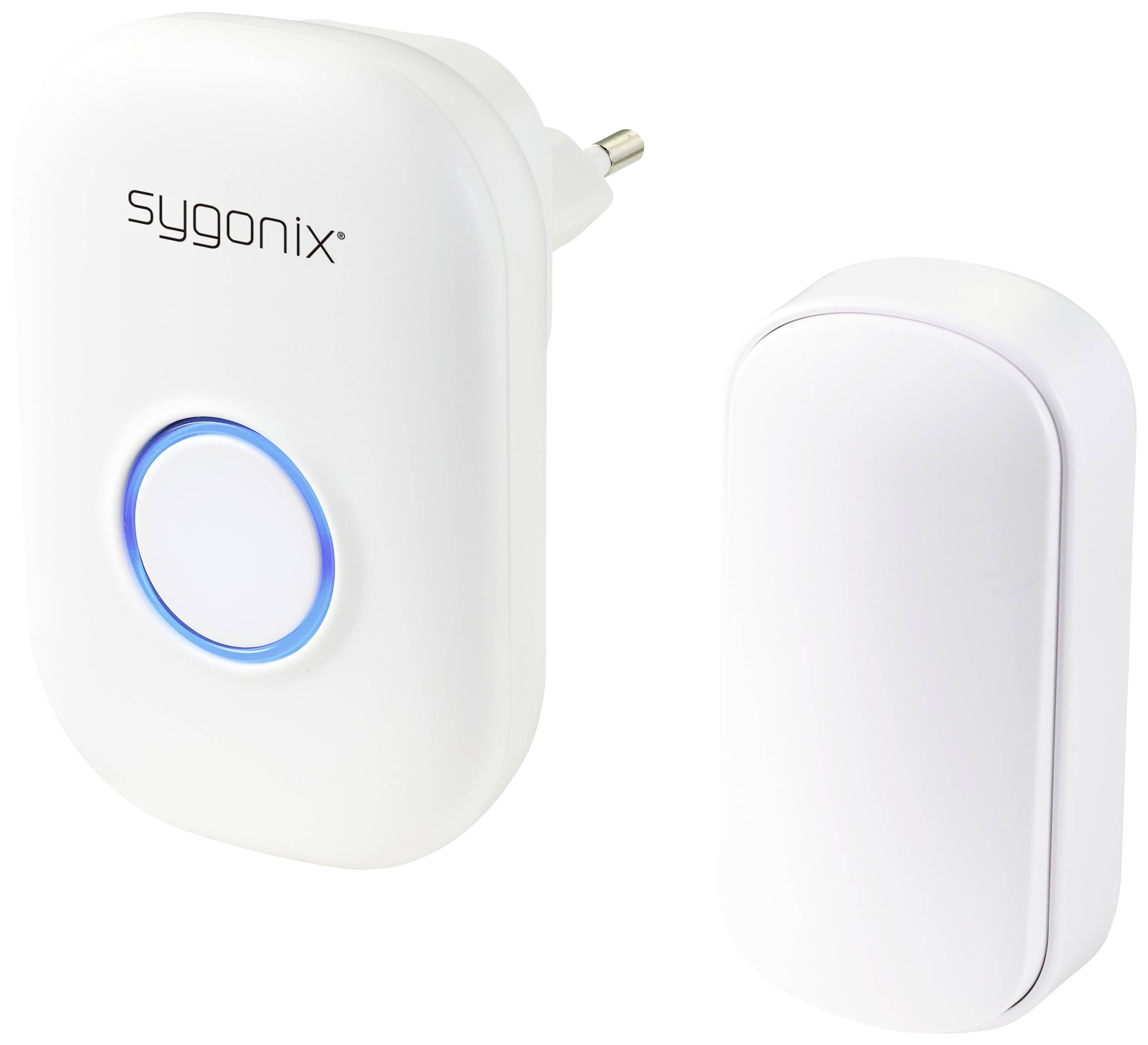 Kit de sonnette sans fil : Sonnerie à gauche avec bouton rond, éclairé en bleu ; Boîtier de capteur à droite. Marque : Sygonix.
