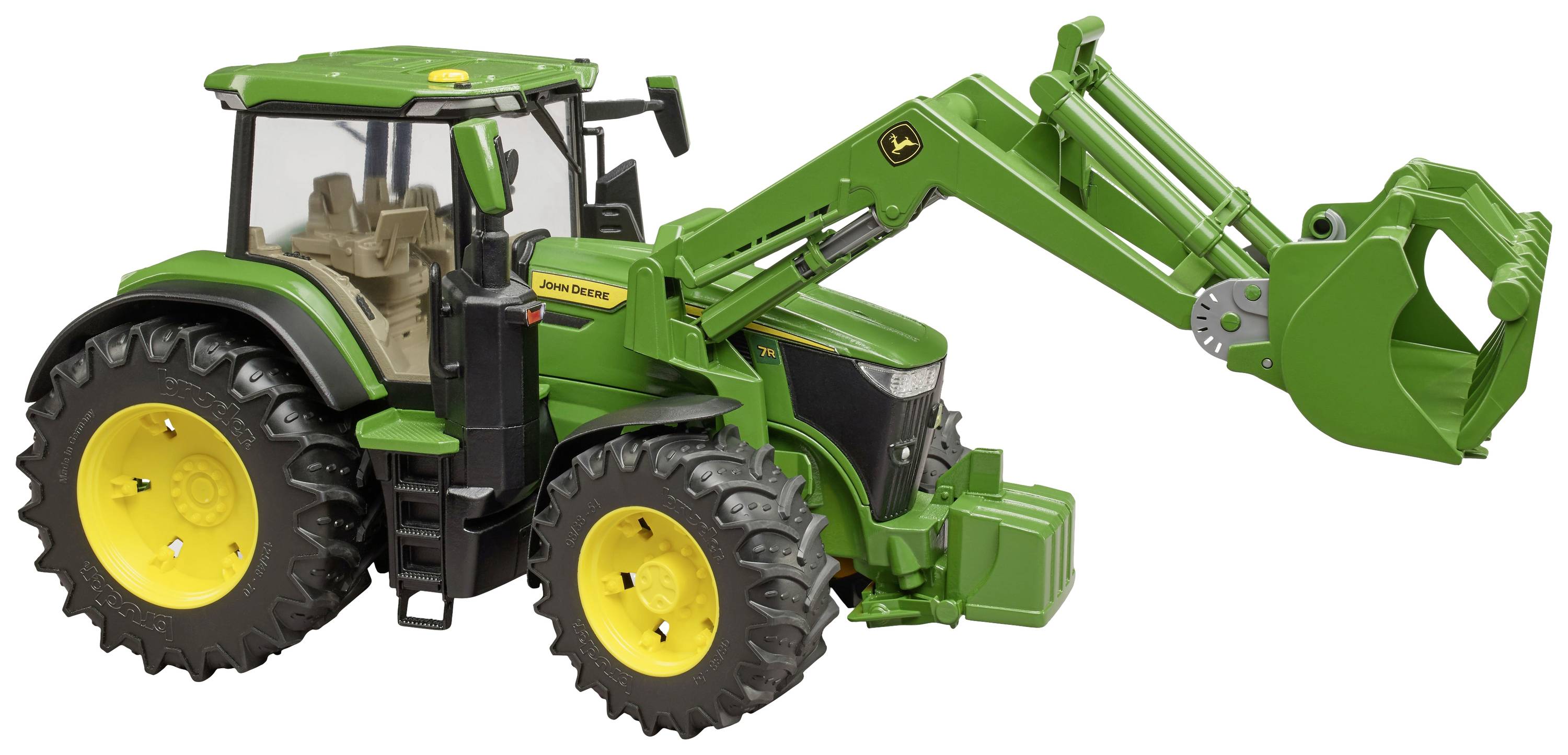 Tracteur jouet vert avec chargeur frontal et roues jaunes, vue latérale, conçu à l'échelle des machines agricoles.