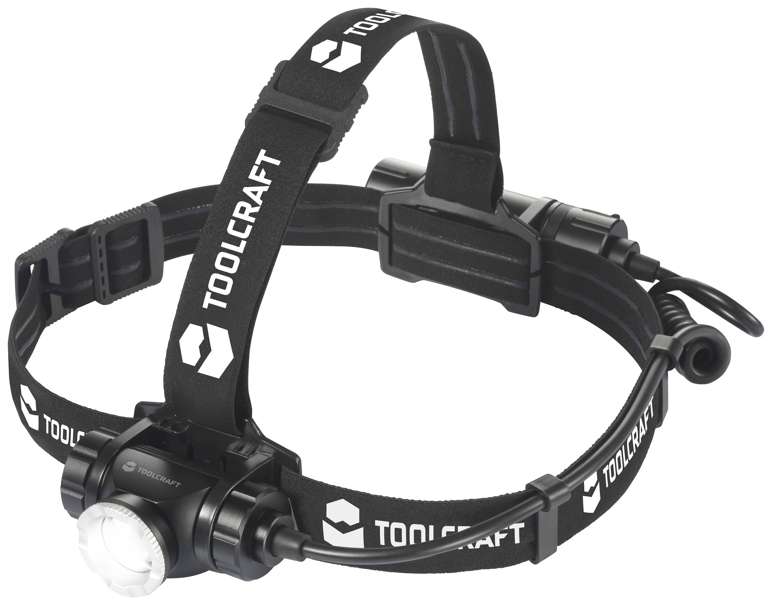 Bandeau frontal noir, ajustable, avec lampe torche centrale, marqué du logo TOOLCRAFT et de son inscription.
