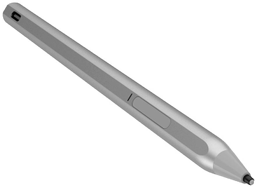 Un stylet argenté, métallique, avec un bouton au centre, adapté aux appareils à écran tactile.