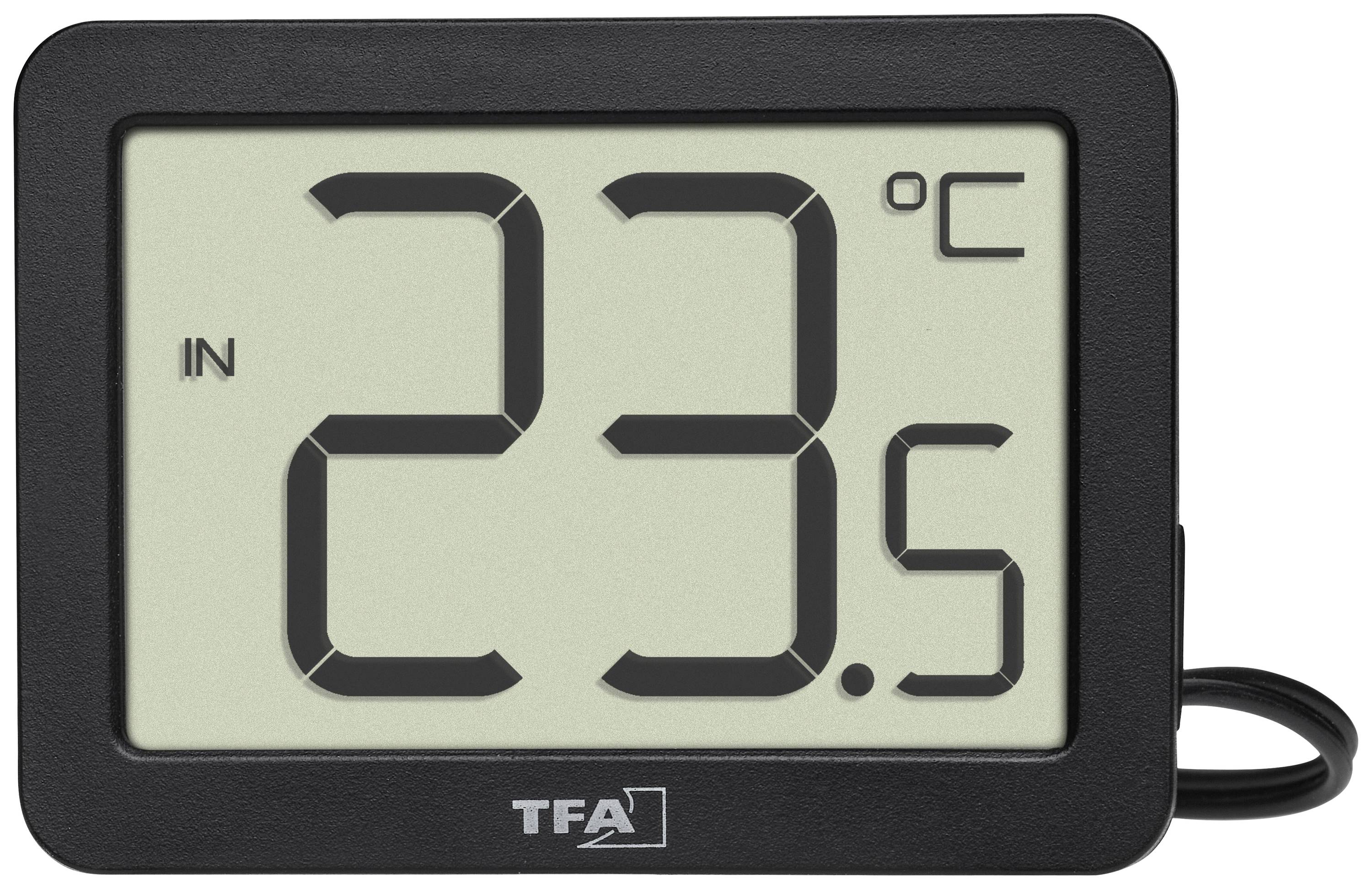 Thermomètre numérique affiche '23,5°C'. Grand écran, bordure noire.