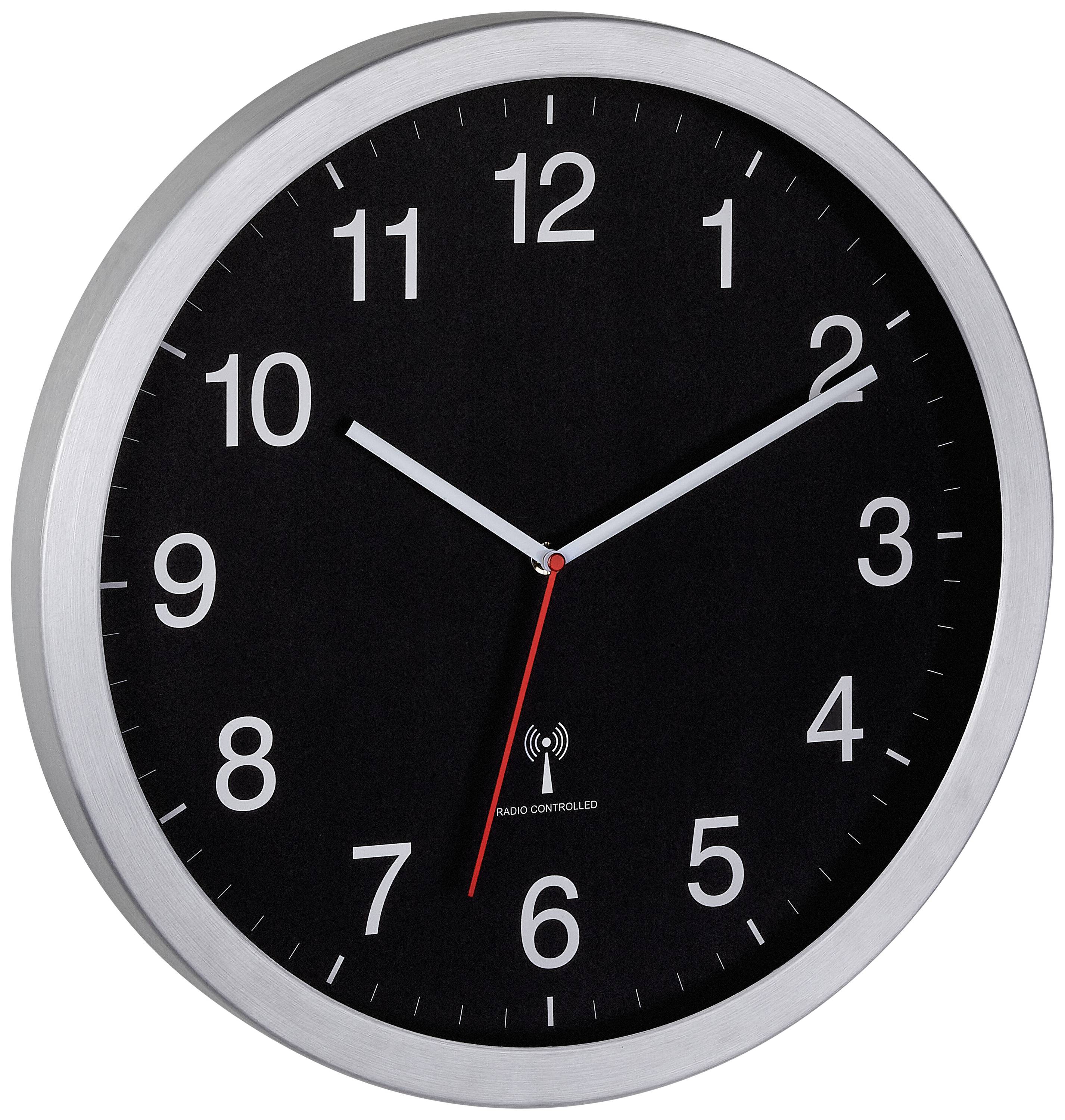Horloge murale radiopilotée noire avec bordure argentée, chiffres et aiguilles blancs. L'aiguille des secondes est rouge. Heure : 10:09.