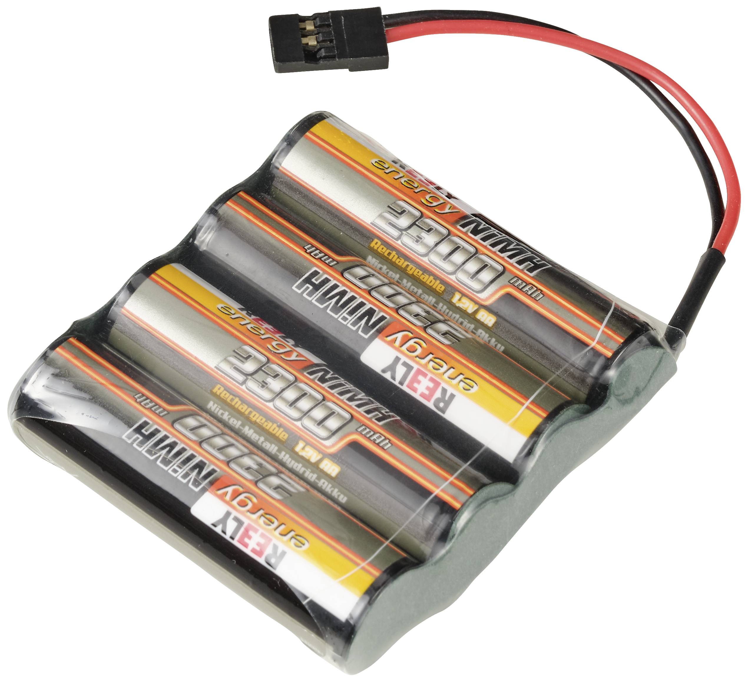 Pack de batteries avec quatre piles AA, reliées par un câble avec un connecteur noir. Chaque batterie est étiquetée 