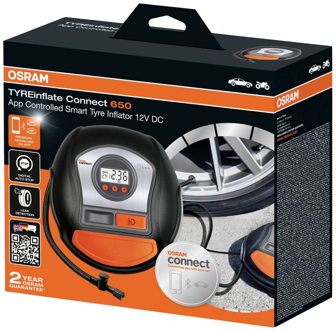OSRAM OTIC650 Compresseur Tyreinflate Connect 650 6.9 bar coupure automatique, écran numérique, adaptateur 12V pour un