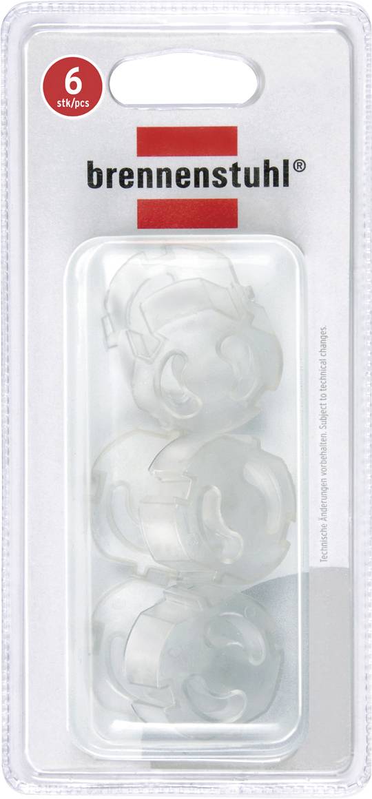 Paquet de six cache-prises de sécurité enfant transparents blanc dans un emballage blister en plastique étiqueté « brennenstuhl » et « 6 stk/pcs »