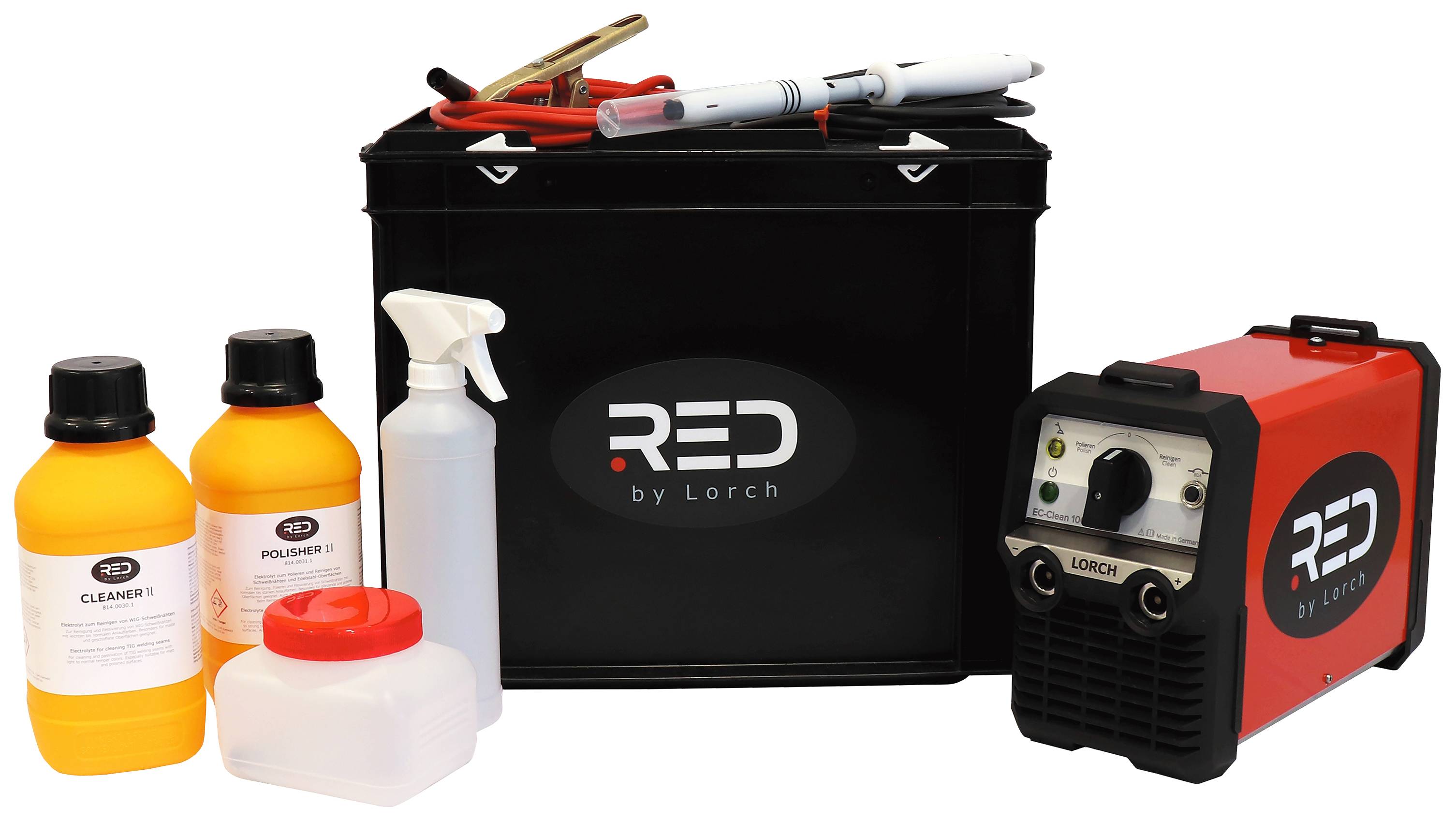Un ensemble de solutions de nettoyage et de polissage avec un appareil électrique. La marque 'RED by Lorch' est visible sur les contenants et l'appareil.