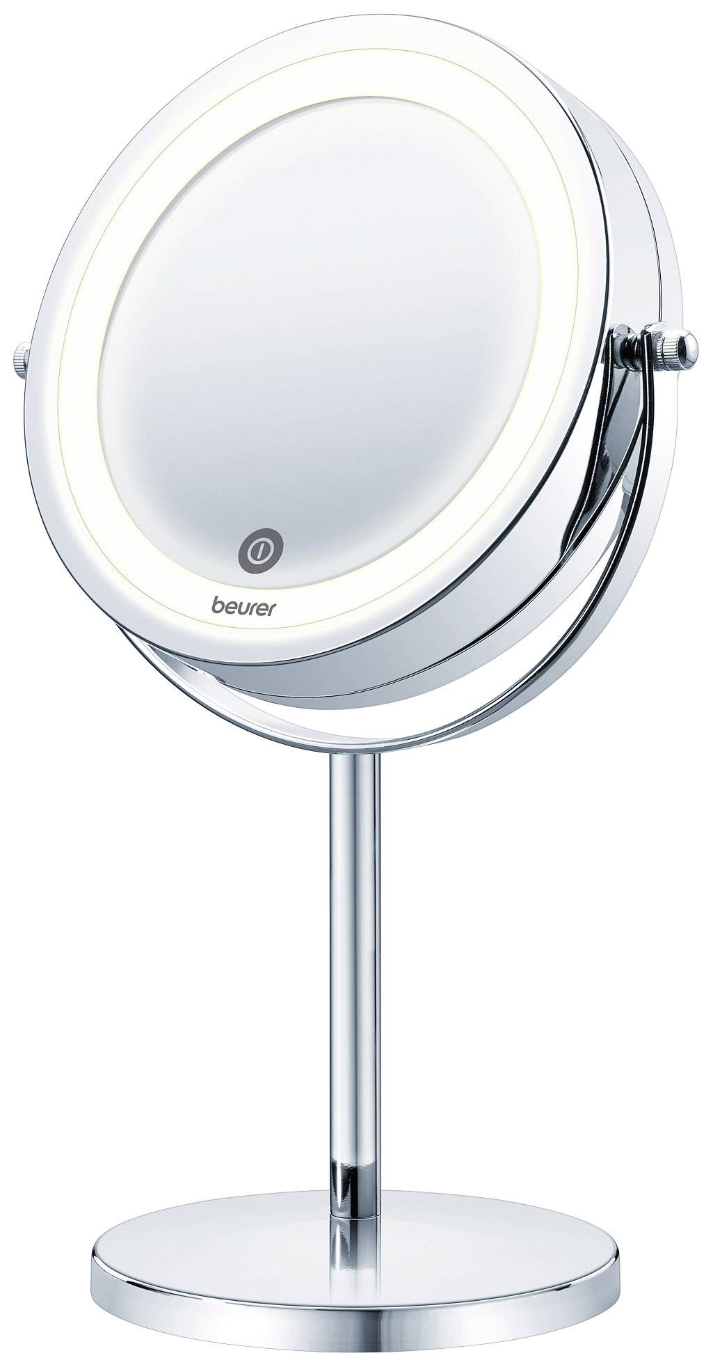 Un miroir de maquillage rond, réglable, avec éclairage LED et un support stable.
