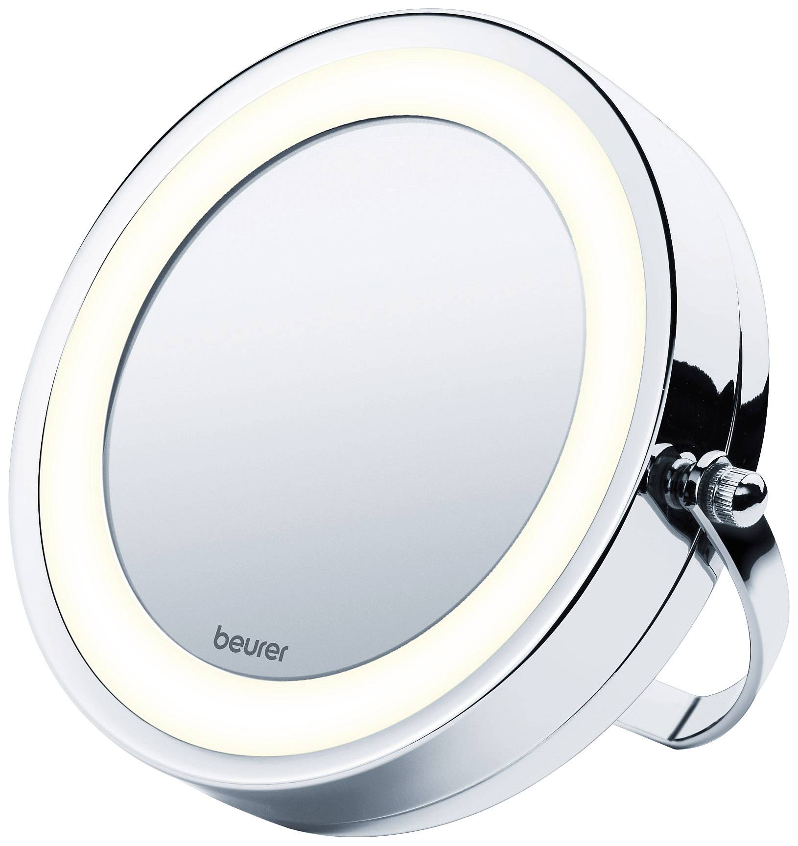 Miroir cosmétique rond avec éclairage LED ; design argenté avec support ; marque 'beurer' sur la face avant.