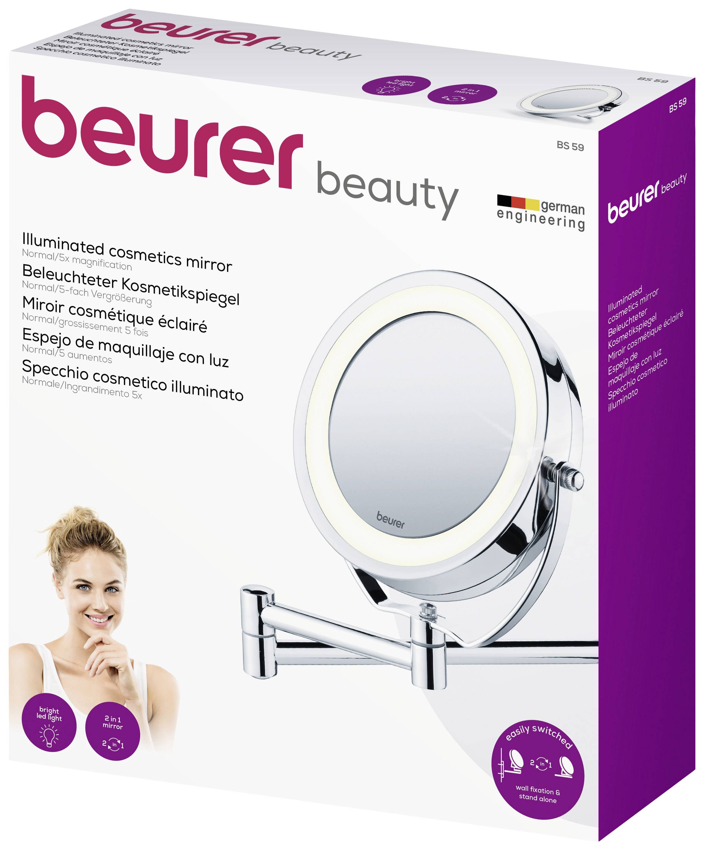 Miroir cosmétique éclairé avec fonction grossissement et bras pivotant, produit de Beurer, illustré sur un emballage blanc.
