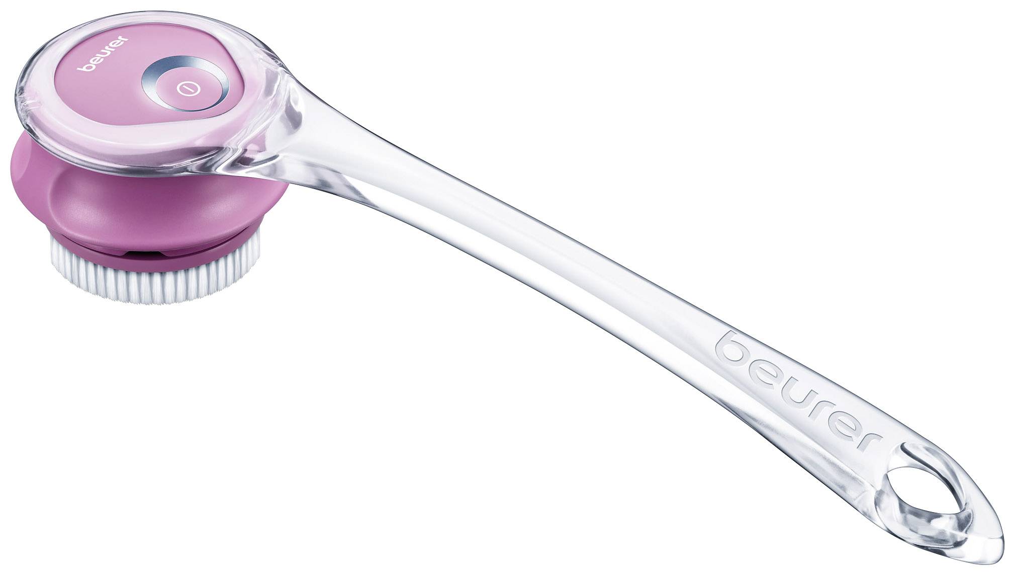 Un appareil de massage corporel électrique rose avec une poignée transparente. Le nom de marque 'Beurer' est inscrit sur la poignée.