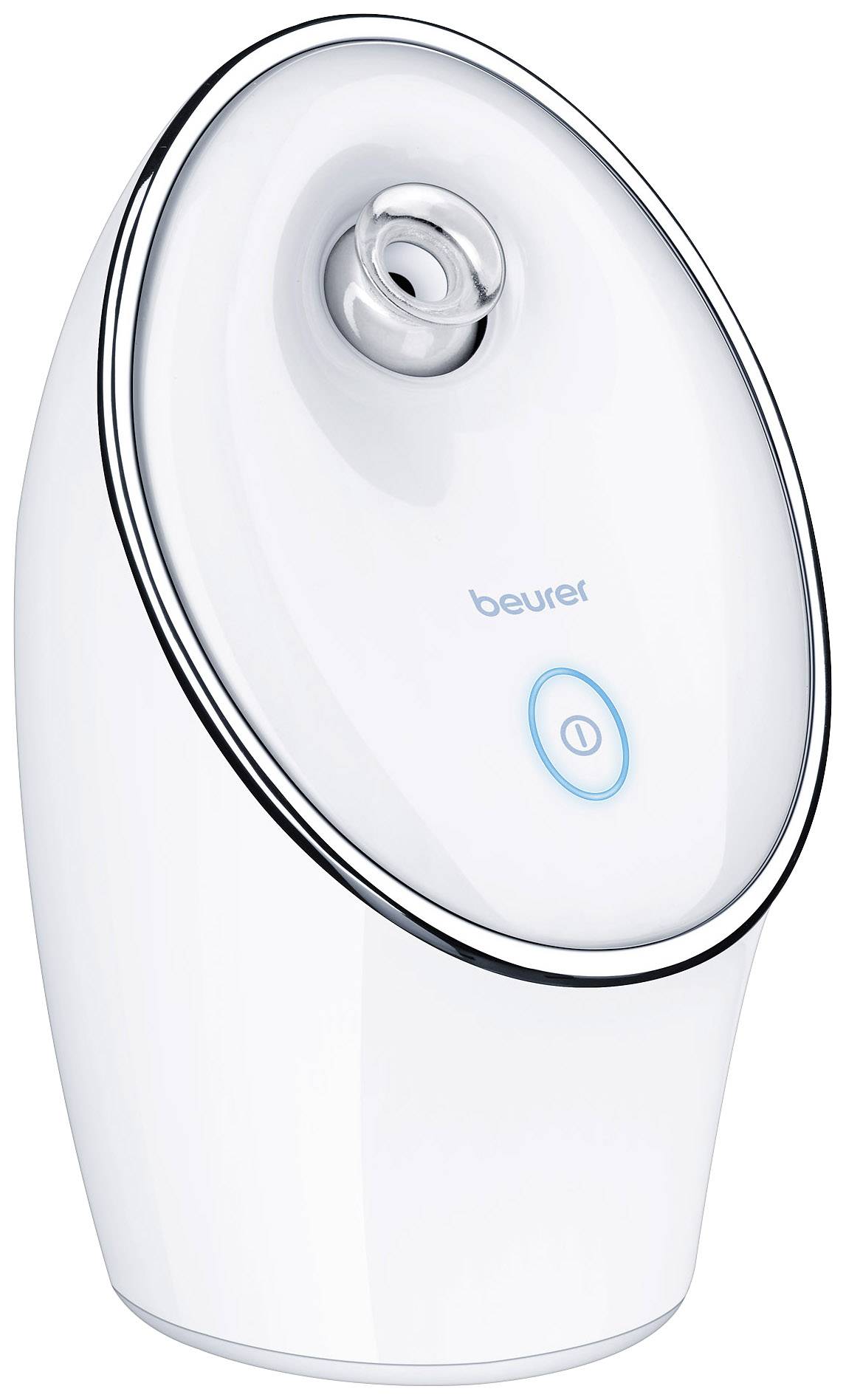 Sauna faciale 'Beurer' en blanc avec anneau métallique et bouton Marche/Arrêt lumineux en bleu. L'appareil est destiné aux soins du visage et à l'hydratation de la peau.