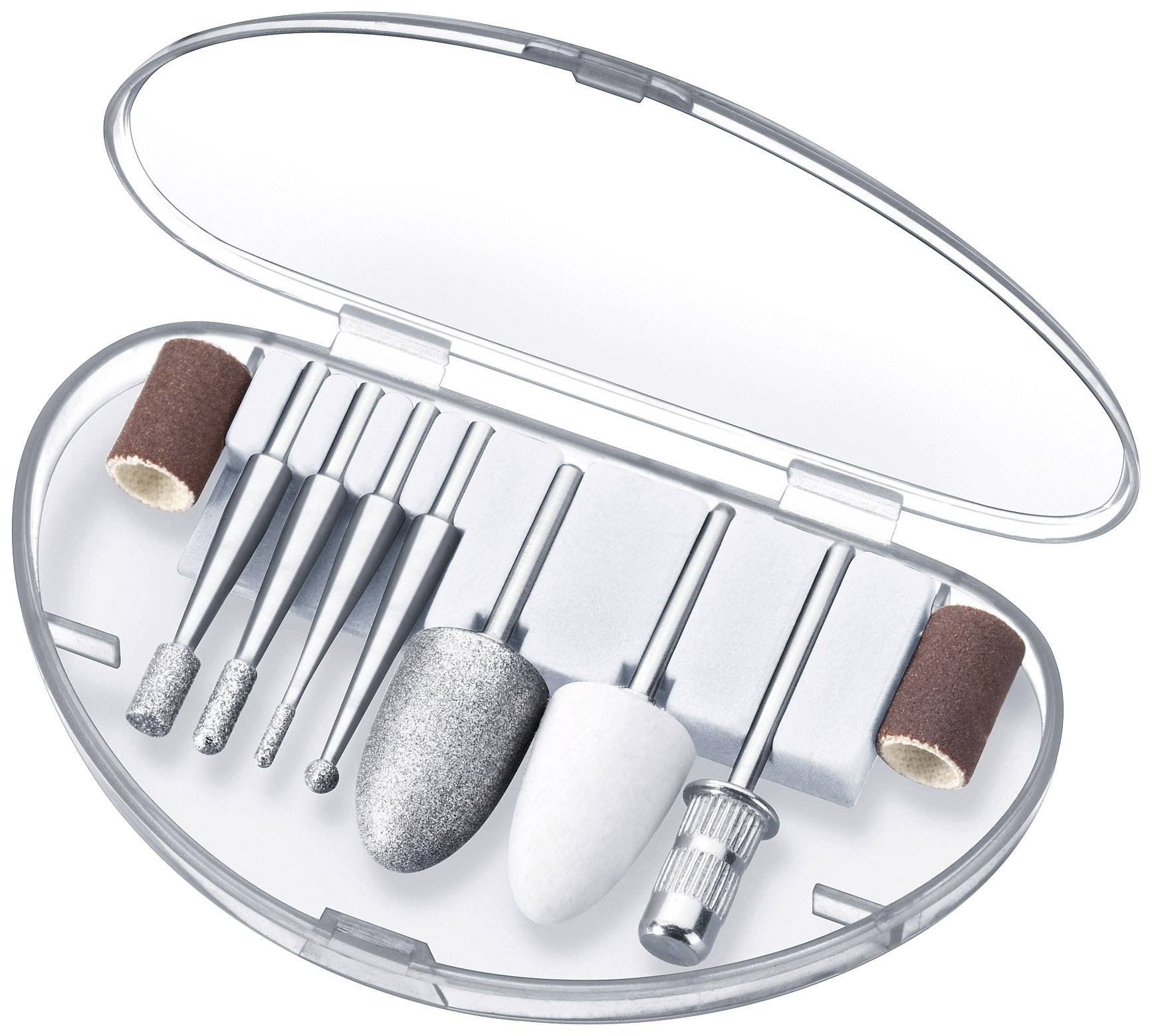 Coffret de soins pour les ongles avec différents embouts pour manucure et pédicure dans un étui ovale.