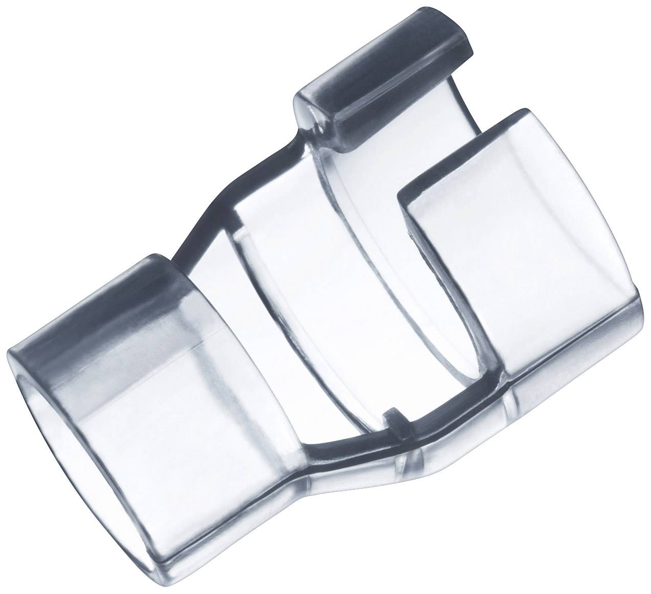 Connecteur en plastique transparent avec deux ouvertures parallèles pour relier des tuyaux ou des tubes.