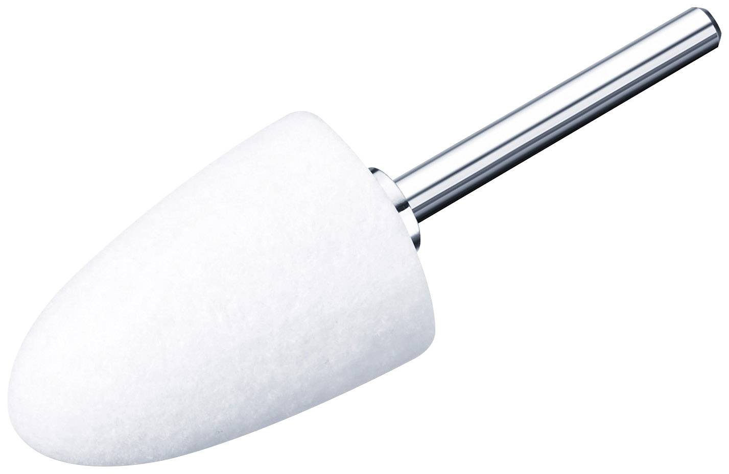 Un embout de polissage blanc avec une tige métallique, souvent utilisé pour les finitions fines et les travaux de lissage dans le traitement du métal ou du bois.
