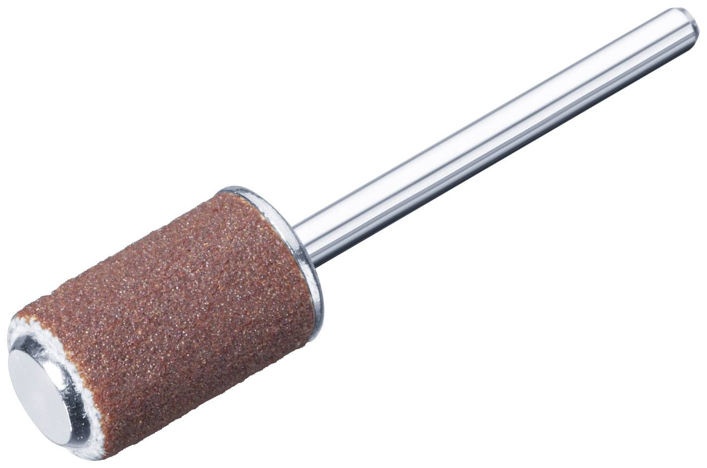 Un embout de meulage cylindrique à surface granulée brune et tige argentée, utilisé pour le meulage et le polissage.