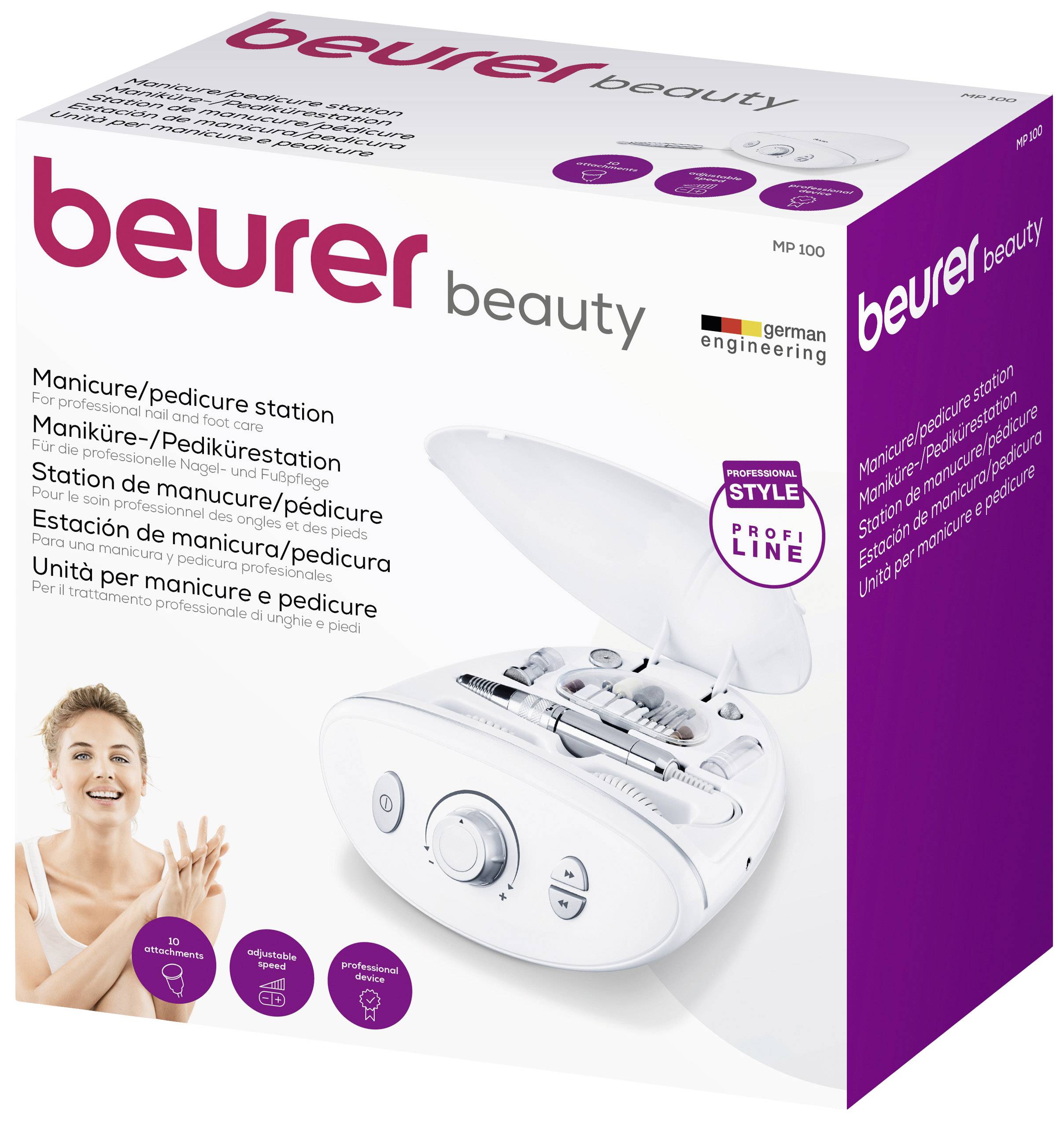 Emballage de la station de manucure/pédicure Beurer MP 100. Contient l'appareil et les accessoires pour des soins des ongles professionnels.