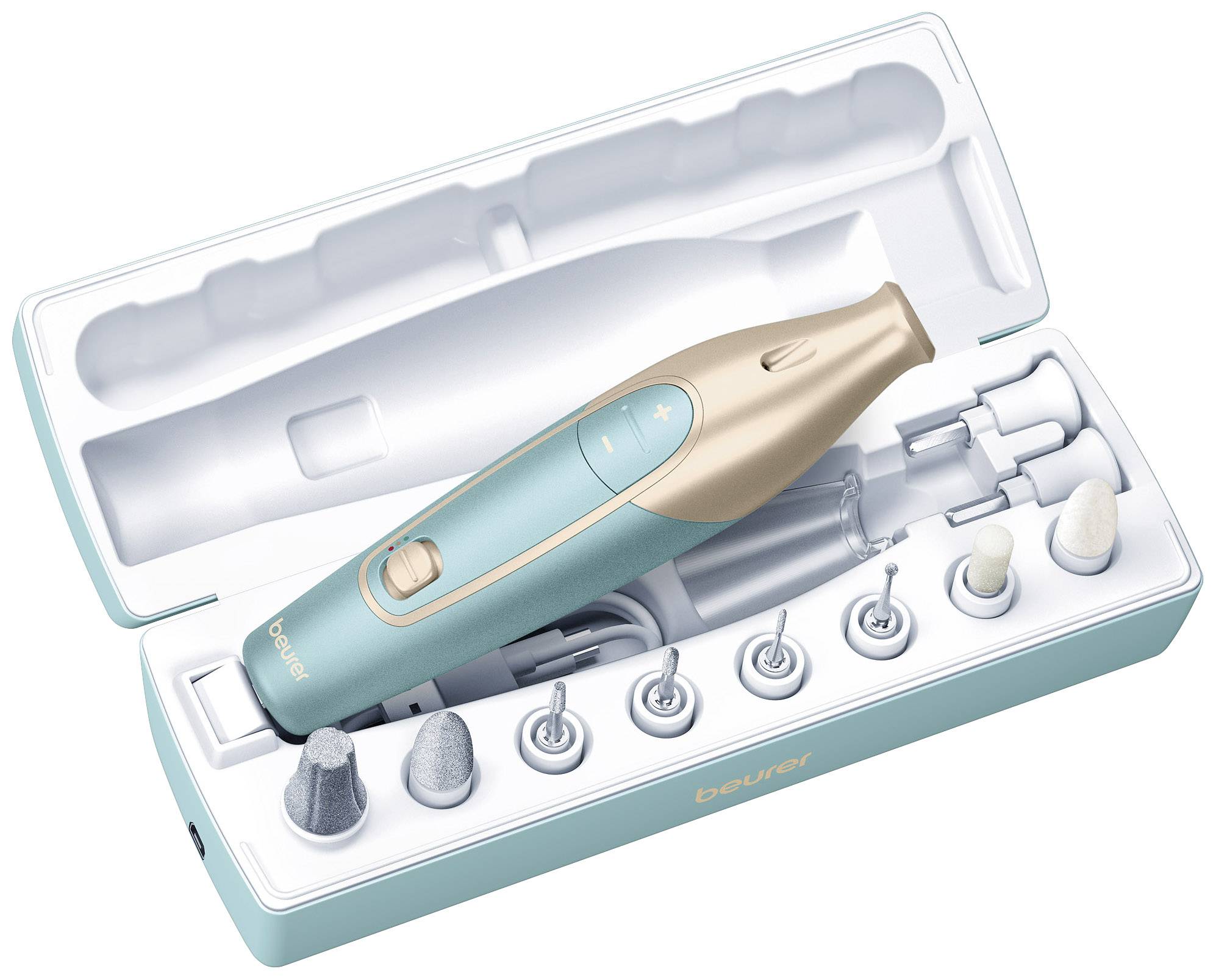 Trousse de manucure en turquoise et or, avec différents embouts dans un coffret ouvert. Comprend des limes et des têtes de ponçage.