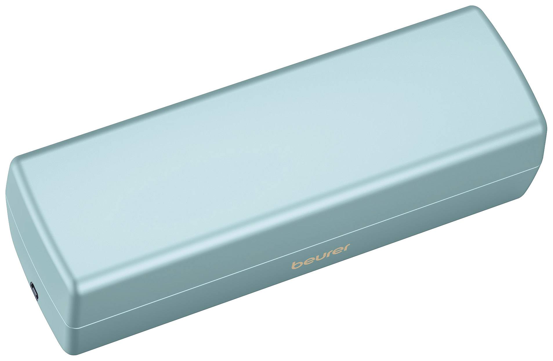 Appareil rectangulaire bleu clair portant l'inscription « beurer » sur la face avant.