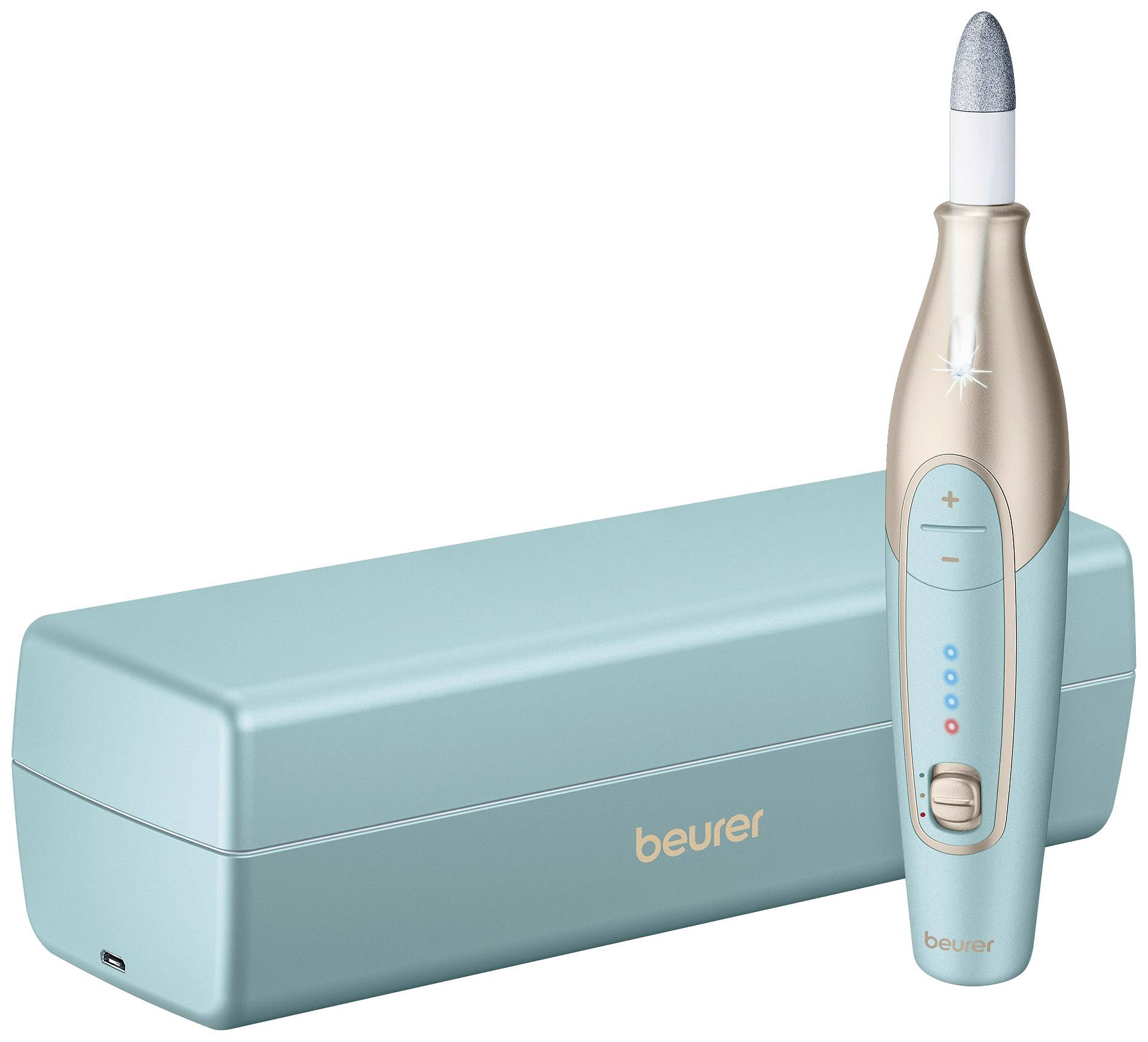 Set de manucure et pédicure électrique de Beurer, coloris turquoise, avec différents embouts, pour limer et façonner les ongles.