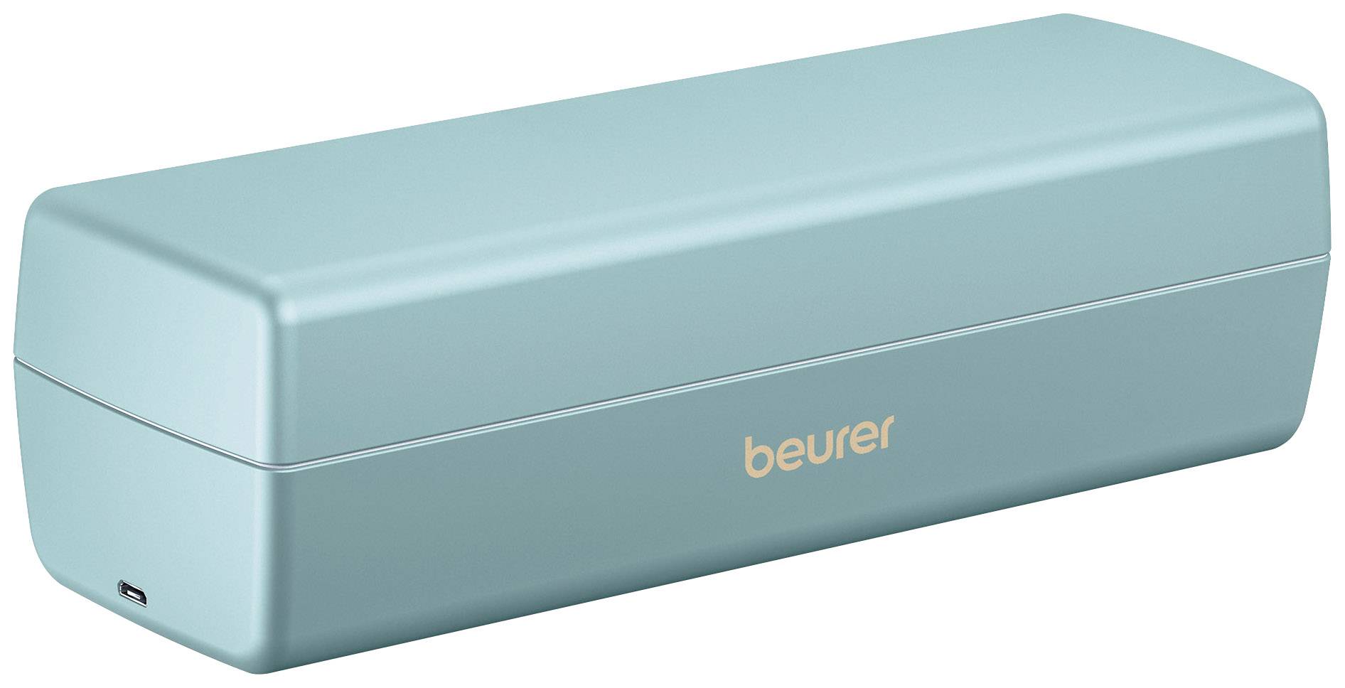 Un boîtier de désinfection UV rectangulaire turquoise portant l'inscription 'beurer'.