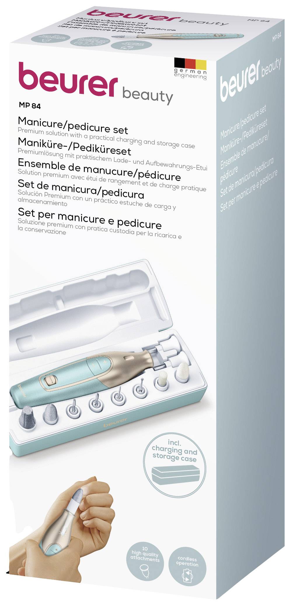Set de manucure et pédicure Beurer avec différents embouts dans un étui de rangement, idéal pour des soins complets des ongles.