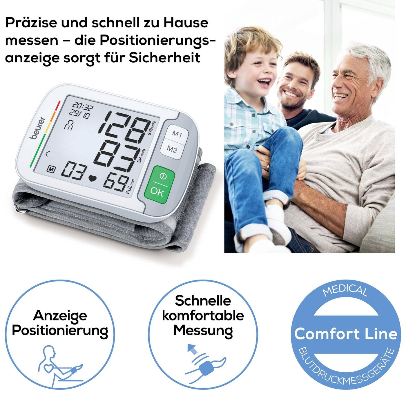 Un dispositif de mesure de la tension artérielle affiche des valeurs. À côté, un homme souriant avec un enfant. Texte : 'Affichage du positionnement', 'Mesure rapide et confortable'.