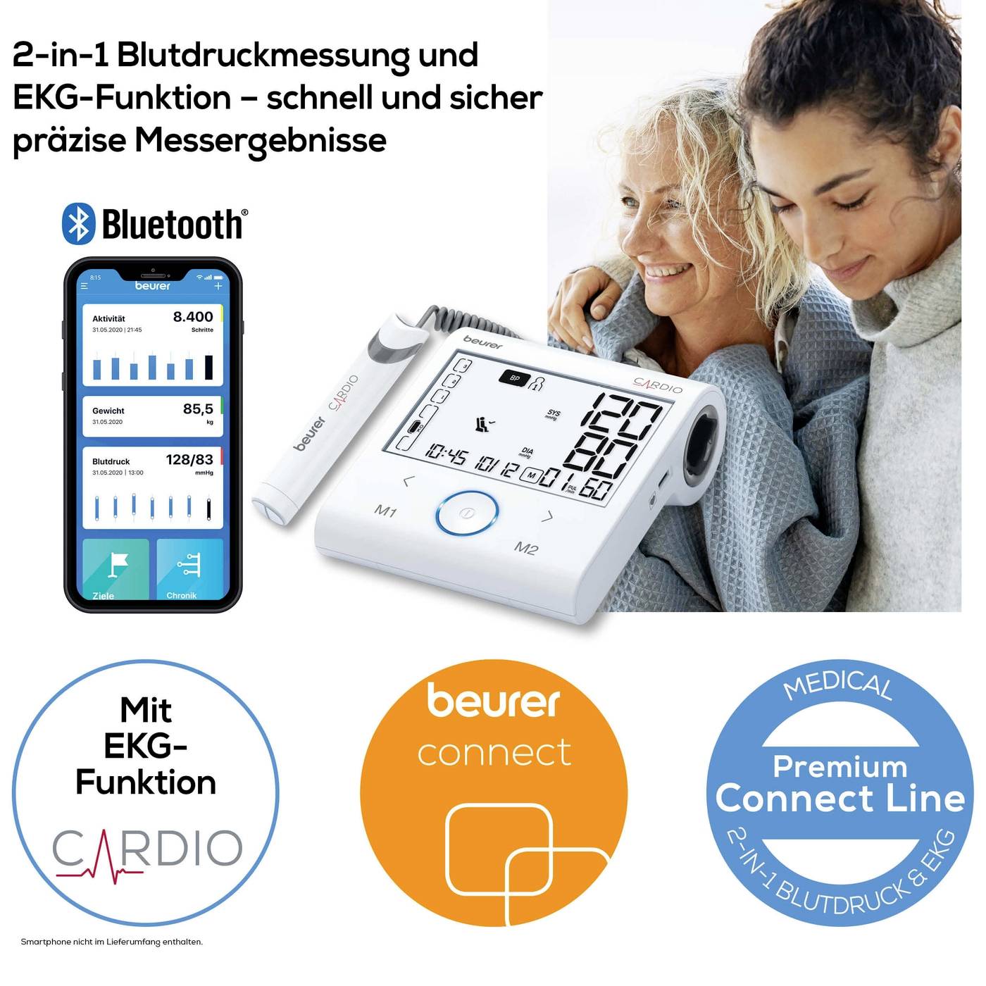 Appareil de mesure de la tension artérielle avec fonction ECG, connexion Bluetooth, affichage des valeurs de mesure et intégration d'application, deux femmes en arrière-plan.