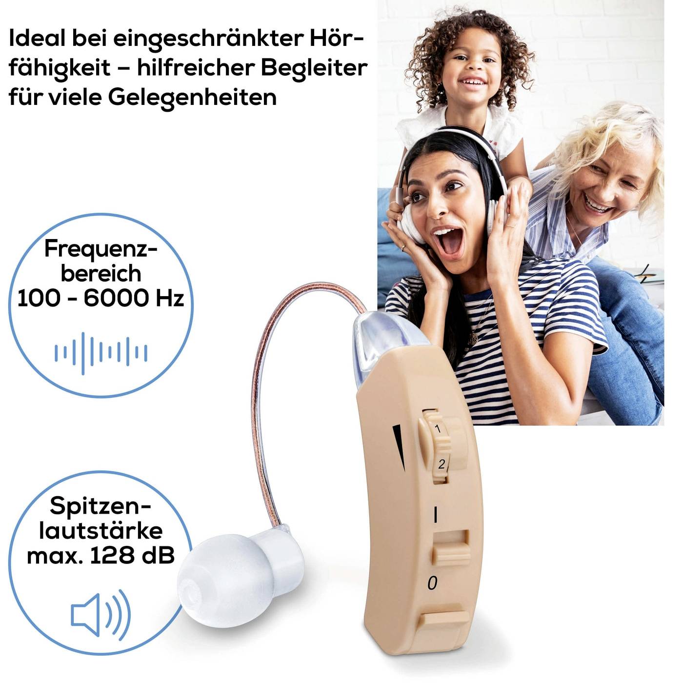 Appareil auditif avec une plage de fréquences de 100-6000 Hz et un volume maximal de 128 dB. Parfait pour de nombreuses occasions.
