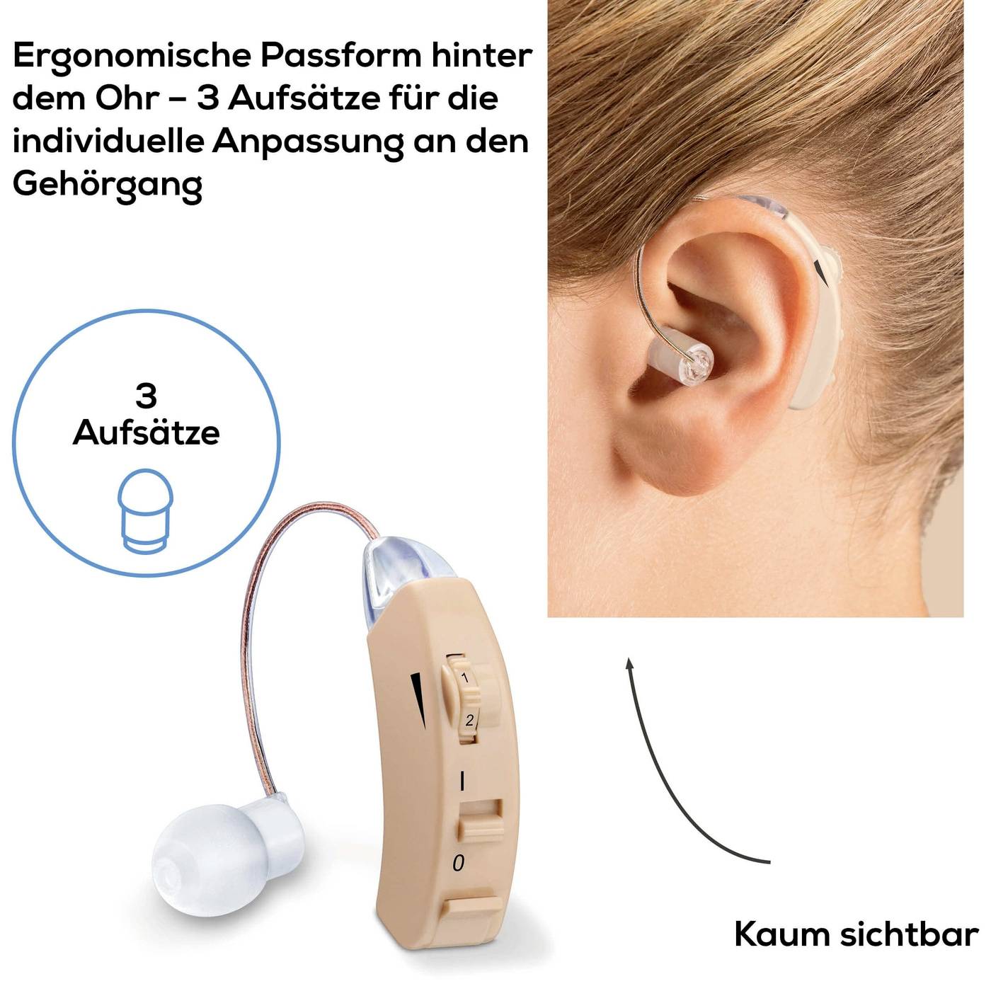Appareil auditif rétro-auriculaire avec une forme ergonomique et trois embouts pour un ajustement individuel du conduit auditif.