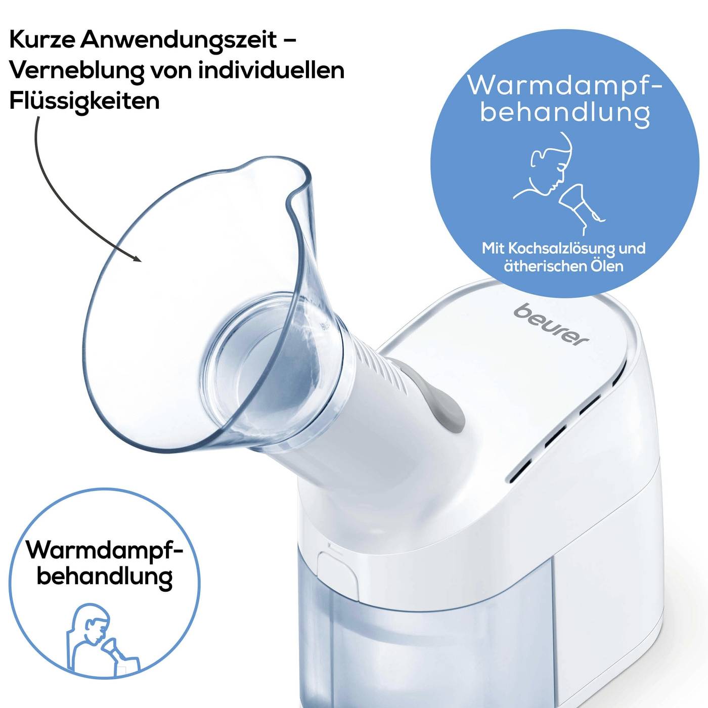 Un inhalateur de Beurer avec le texte 'Temps d'utilisation court - Nébulisation de liquides individuels', pour l'application de vapeur.