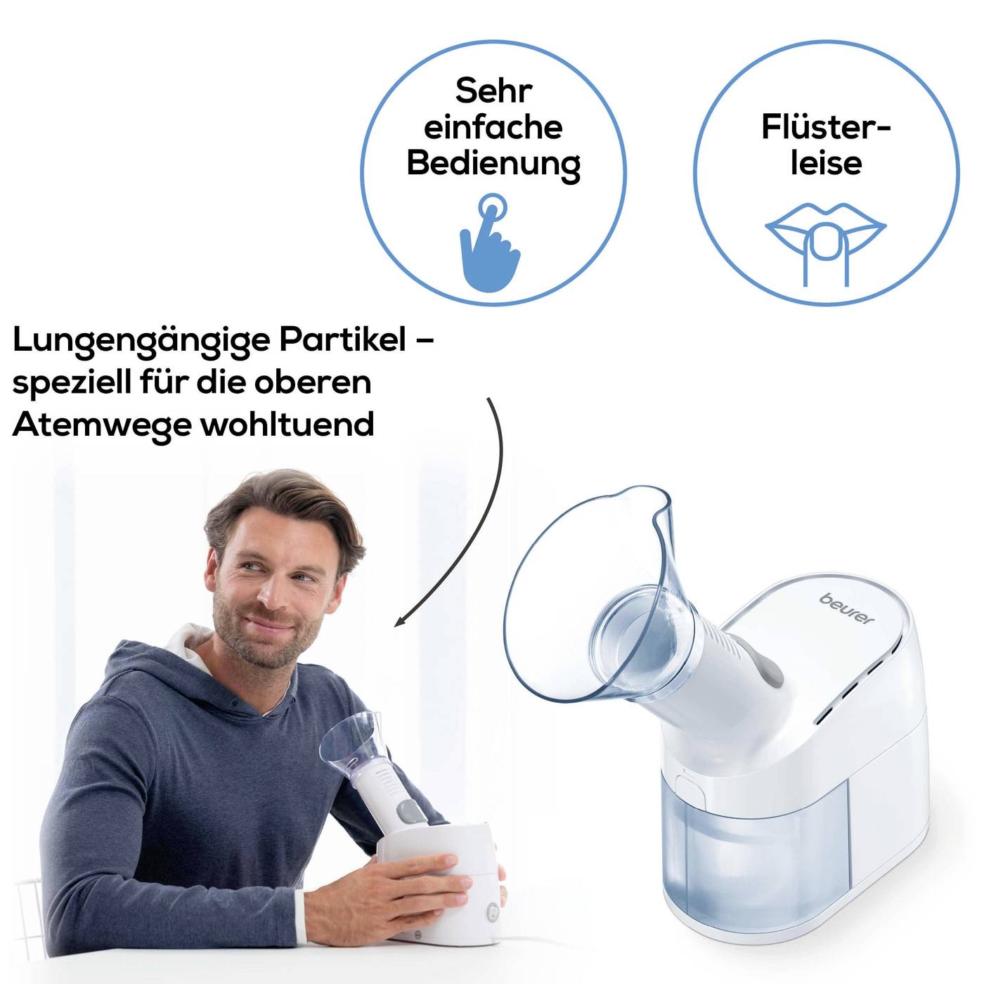 Un homme utilise un appareil d'inhalation. Texte : 'Très facile à utiliser', 'Silencieux comme un murmure', 'Particules pénétrant dans les poumons - particulièrement bénéfiques pour les voies respiratoires supérieures'.