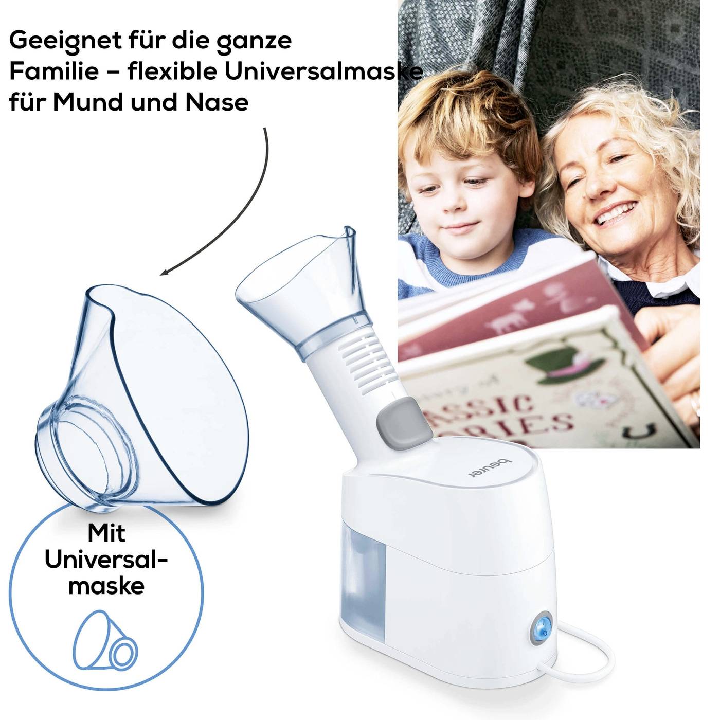 Adapté à toute la famille – masque universel polyvalent pour la bouche et le nez. Avec masque universel. Une femme et un enfant lisent ensemble un livre.