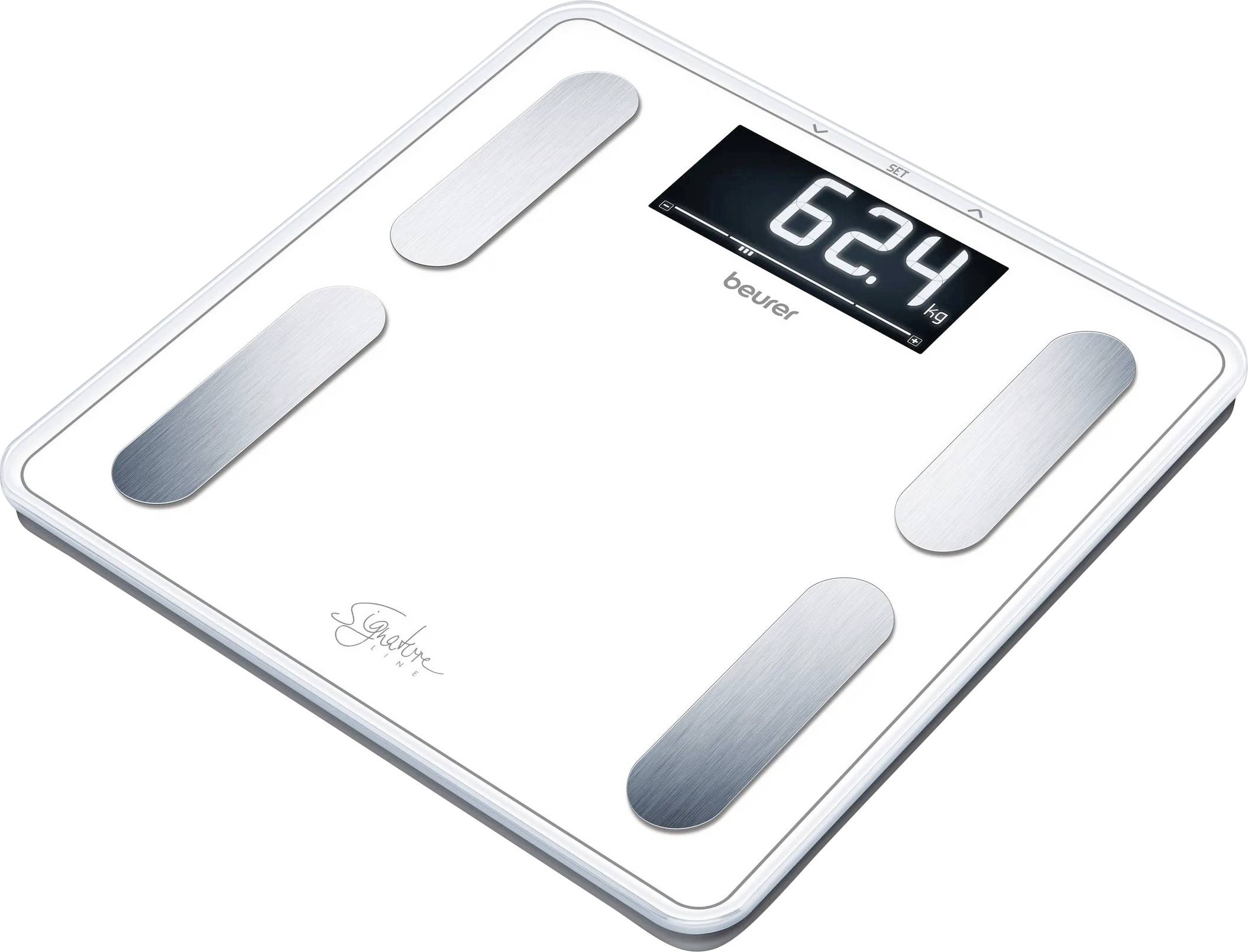 Balance électronique avec affichage numérique indiquant '62,4 kg'. Capteurs argentés sur une surface blanche.