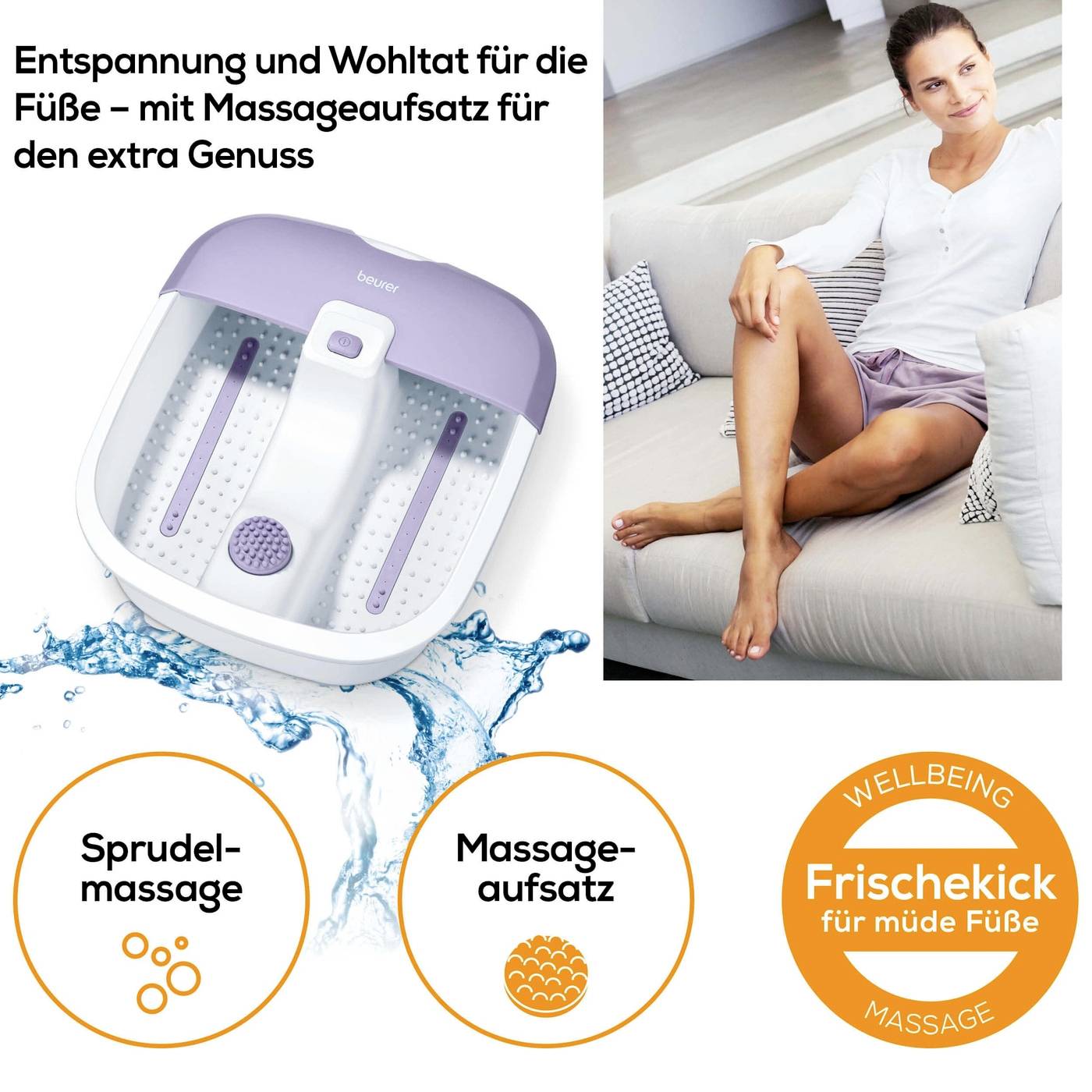 Bain de pieds relaxant avec massage à bulles et accessoire de massage. Une femme est assise détendue dans une pièce à côté d'un appareil de massage des pieds.