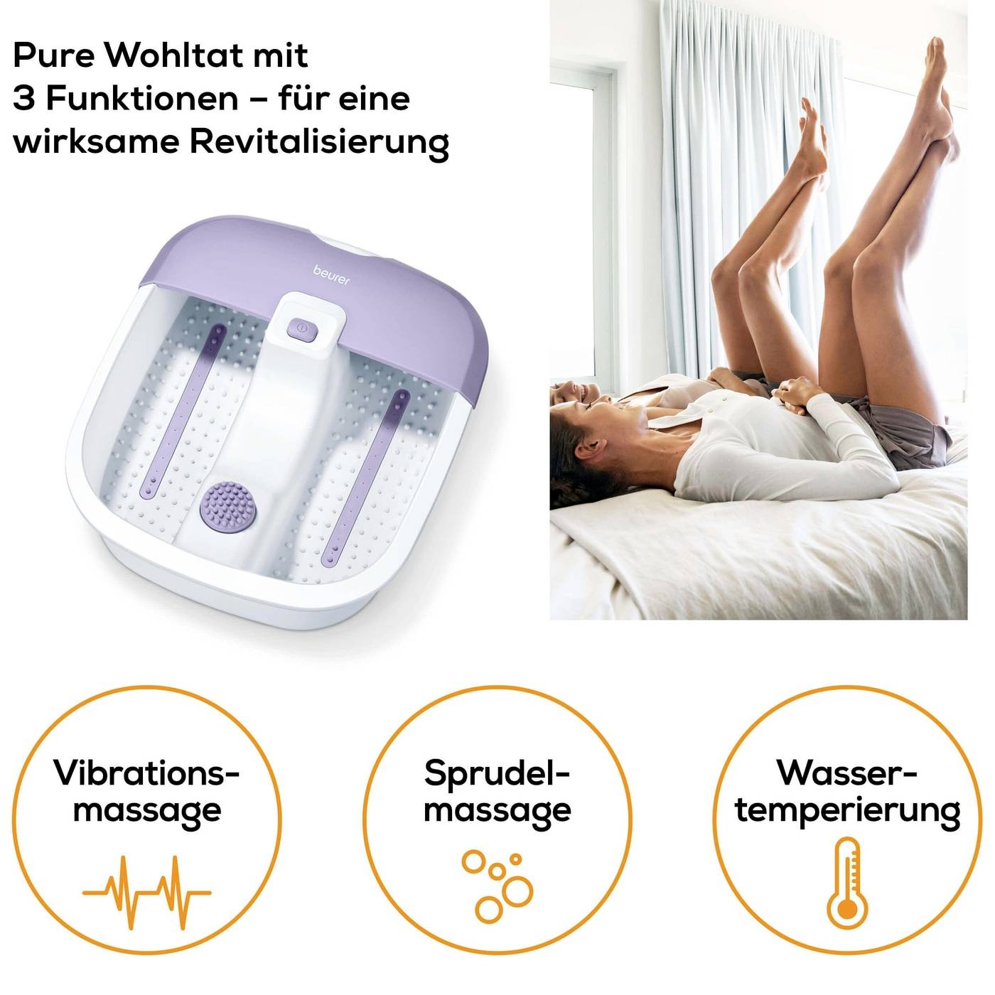 'Femme avec bain de pieds sur canapé, Texte : Pure bienfaisance avec 3 fonctions – pour une revitalisation efficace. Fonctions : Massage par vibration, massage à bulles, régulation de la température de l'eau.'