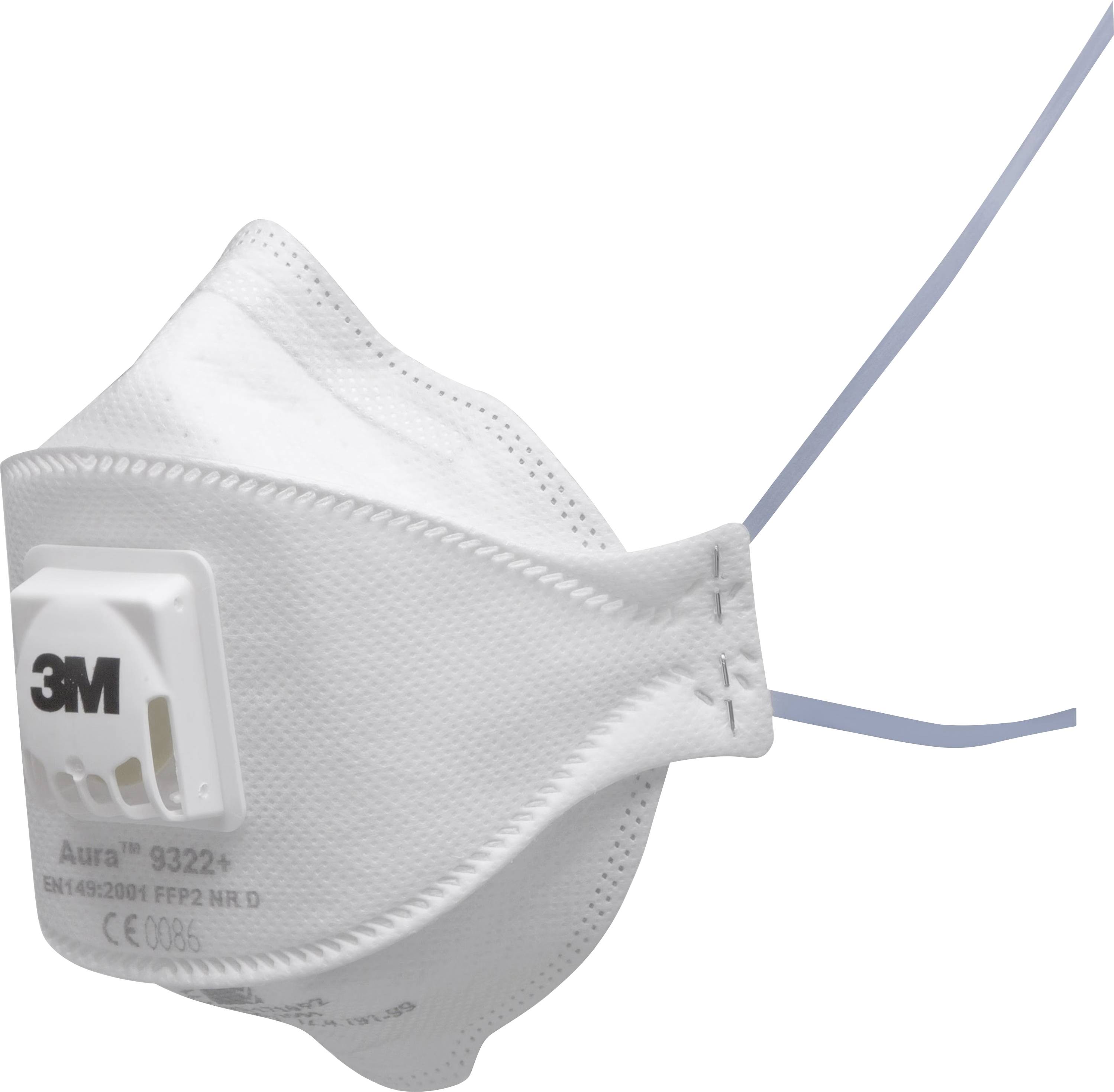 Masque respiratoire 3M avec valve, de couleur blanche. Bandes élastiques. Numéro de modèle '9322+'.