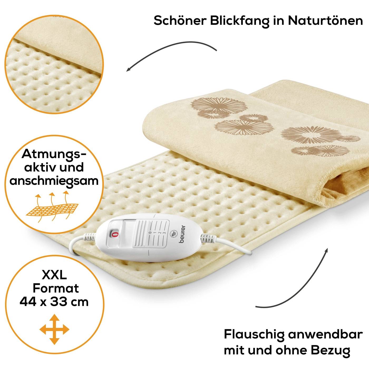 Coussin chauffant beige avec motif floral, housse amovible et format XL (44 x 33 cm). Respirant, confortable et lavable en machine.