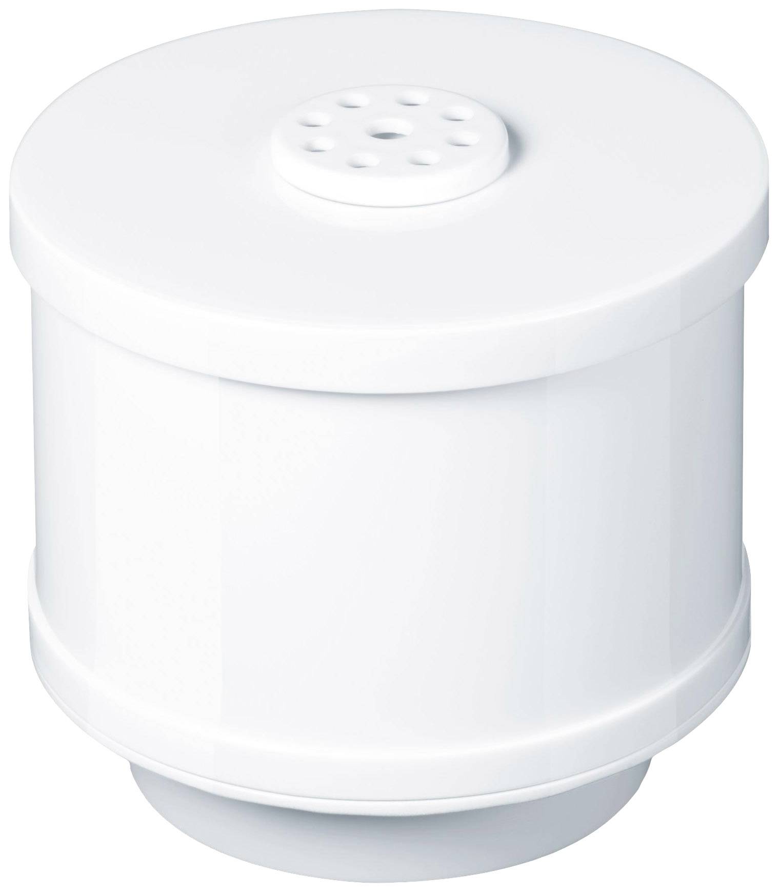 Filtre à eau blanc, cylindrique, avec des trous sur le couvercle, utilisé pour purifier l'eau du robinet.