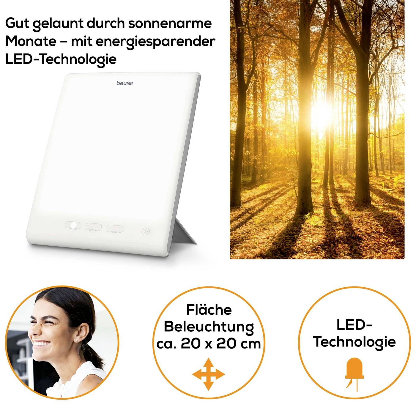 Lampe compacte LED à lumière du jour avec technologie économe en énergie, idéale pour les mois pauvres en soleil. Image secondaire : lumière solaire dans la forêt.