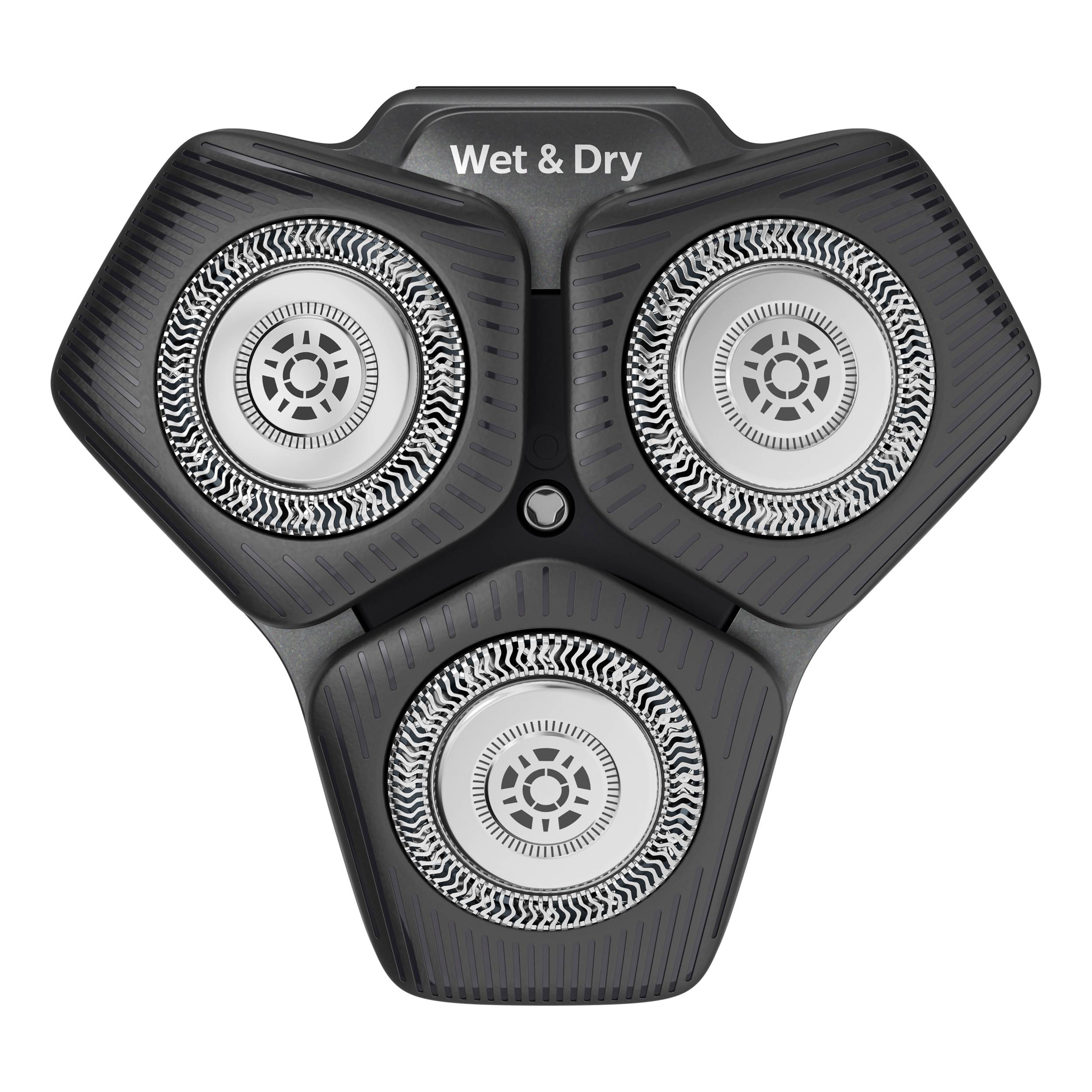 Trois têtes de rasage rondes en argent avec un boîtier noir, marquées 'Wet & Dry', adaptées pour le rasage humide et sec.