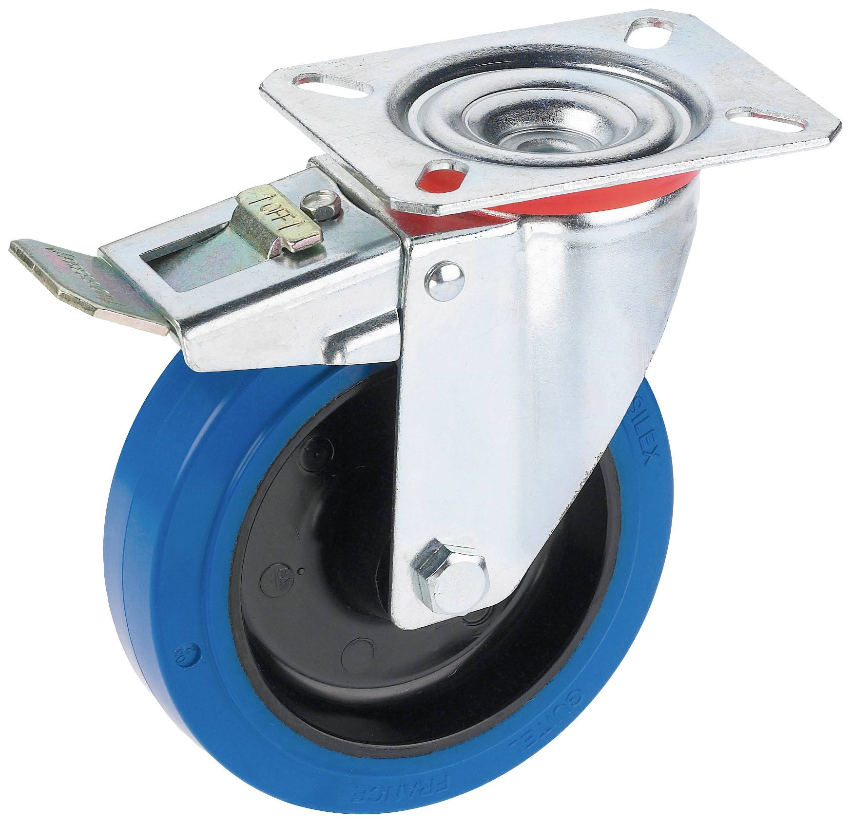 Roue métallique rotative avec un pneu en caoutchouc bleu et un frein, adaptée aux applications industrielles et de transport.