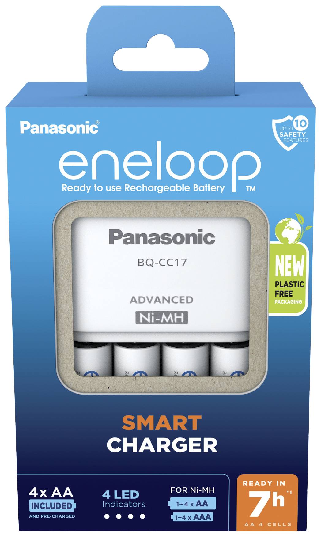 Emballage d'un chargeur intelligent Panasonic eneloop pour batteries Ni-MH, contenant quatre piles AA, 4 voyants LED, temps de charge de 7 heures.