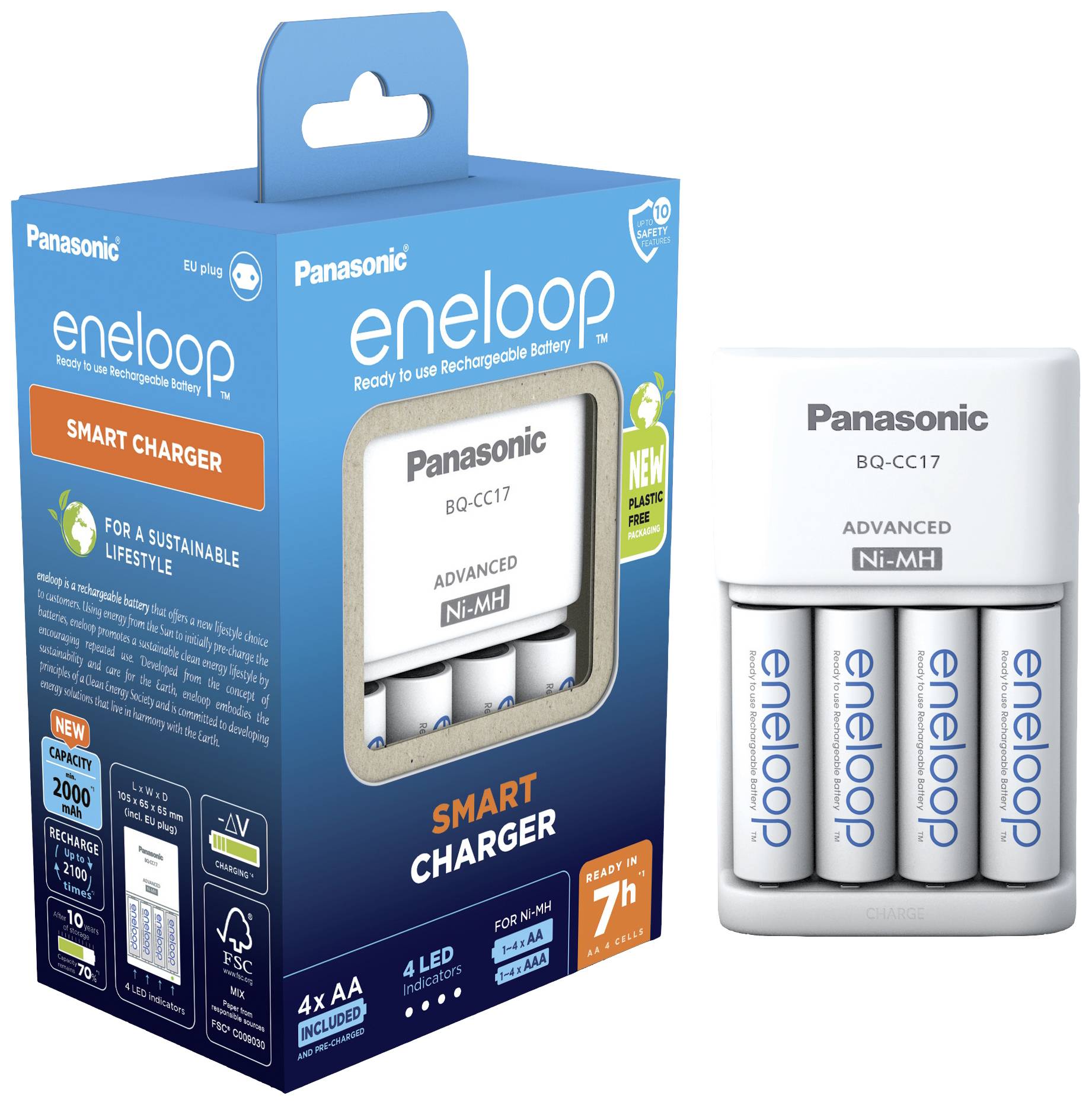 Emballage de chargeur avec quatre piles AA rechargeables de la marque 'Panasonic eneloop', mettant en avant ses caractéristiques durables.