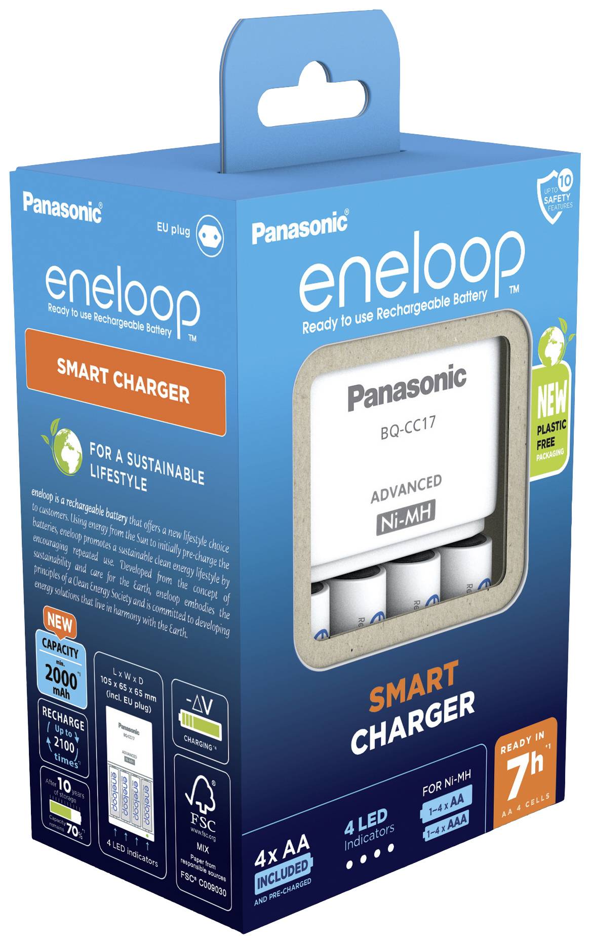 Sur l'image, on peut voir un emballage du chargeur intelligent Panasonic eneloop contenant quatre piles AA. L'inscription met l'accent sur le développement durable.