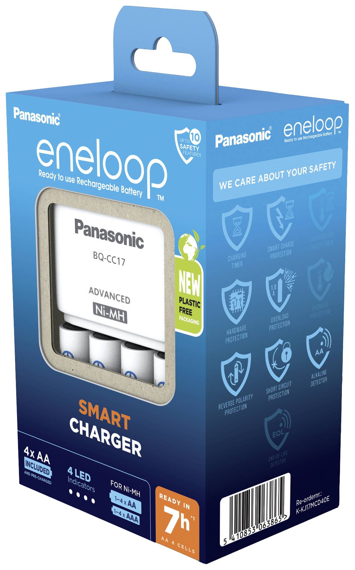 Emballage d'un chargeur intelligent Panasonic eneloop, compatible avec les batteries rechargeables Ni-MH AA et AAA. Contient 4 batteries AA. Temps de charge d'environ 7 heures.