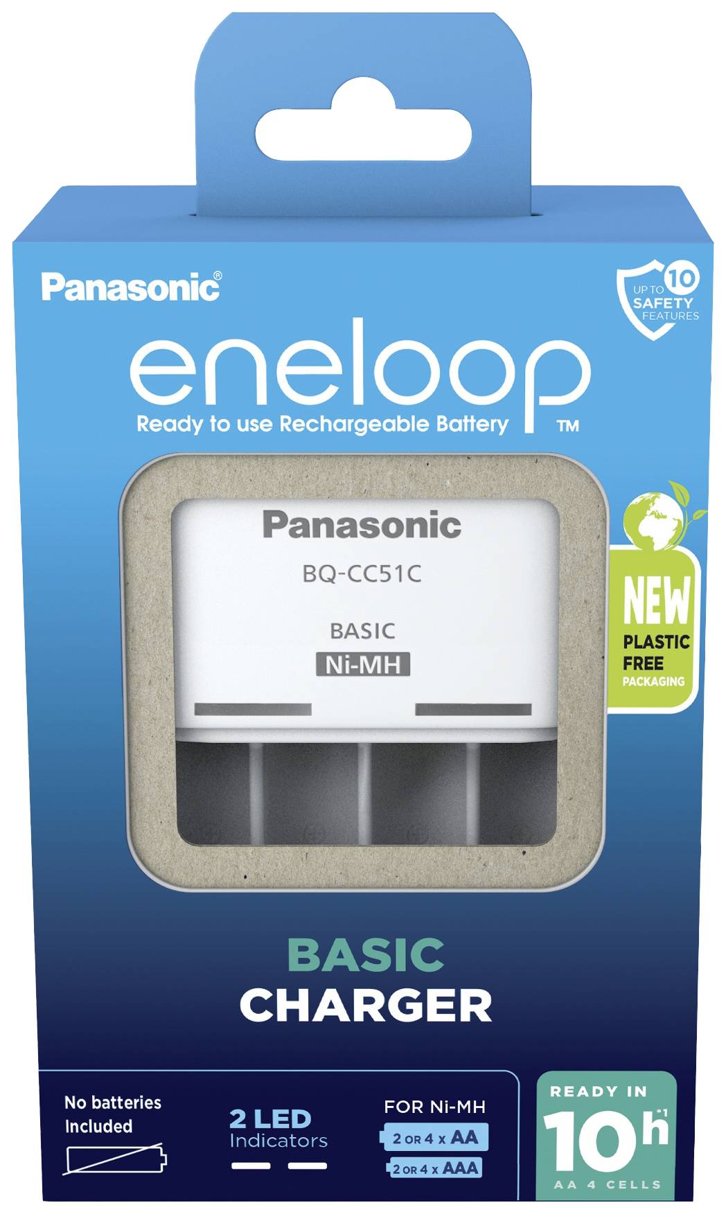 Chargeur pour piles AA/AAA avec deux indicateurs LED et charge rapide en 10 heures. Emballage sans plastique. Marque : Panasonic eneloop.