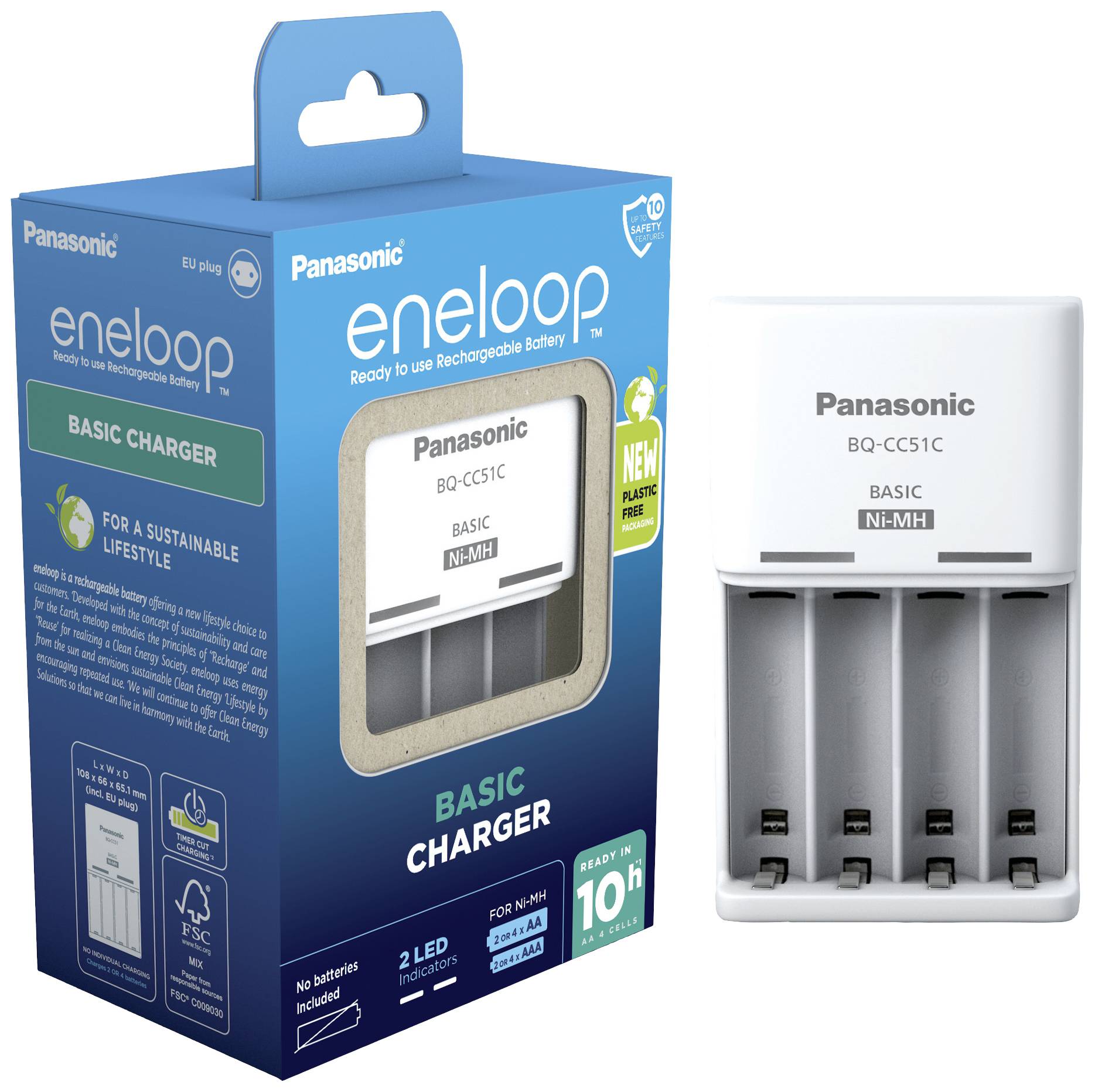 Chargeur de batterie 'Panasonic eneloop' pour batteries Ni-MH, compatible avec piles AA/AAA. L'emballage présente un design durable et des détails techniques.