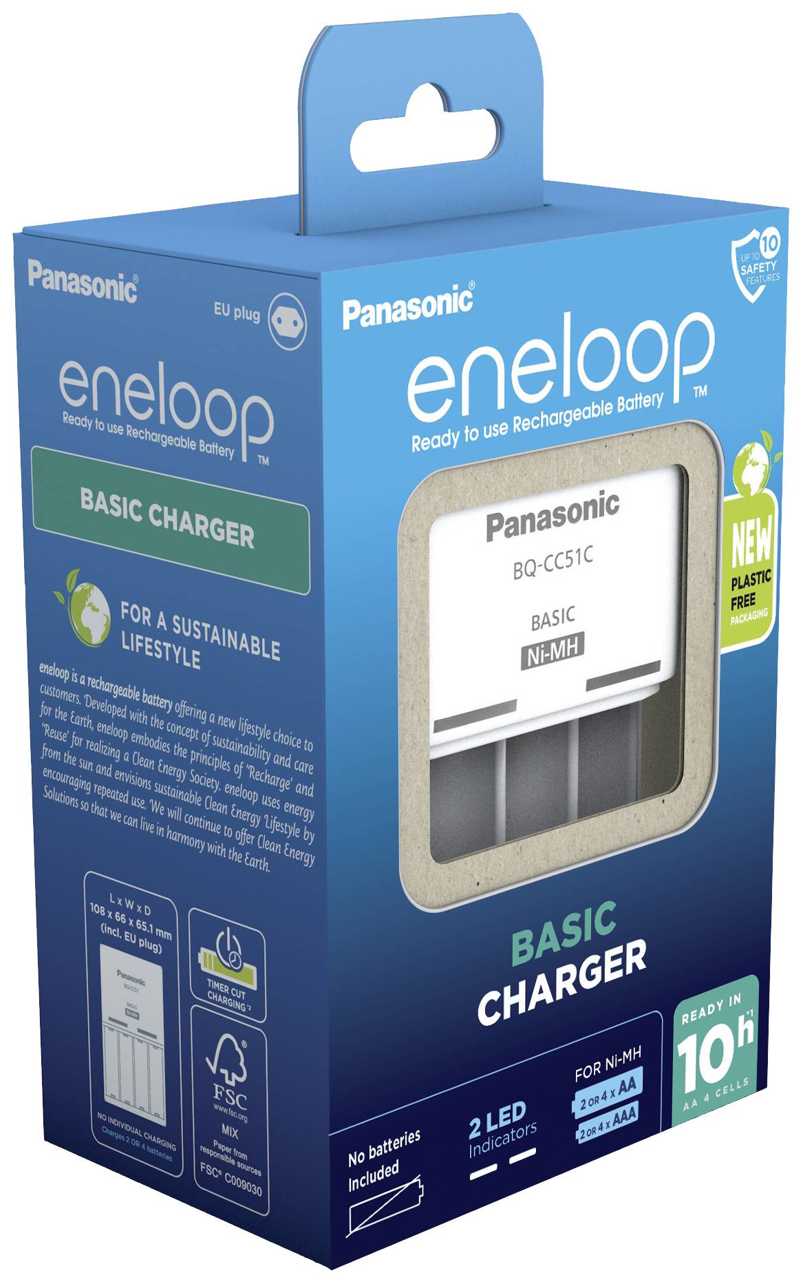 Emballage bleue d'un chargeur eneloop Basic de Panasonic, montrant le chargeur à travers une fenêtre, avec le texte 'Pour un mode de vie durable'.